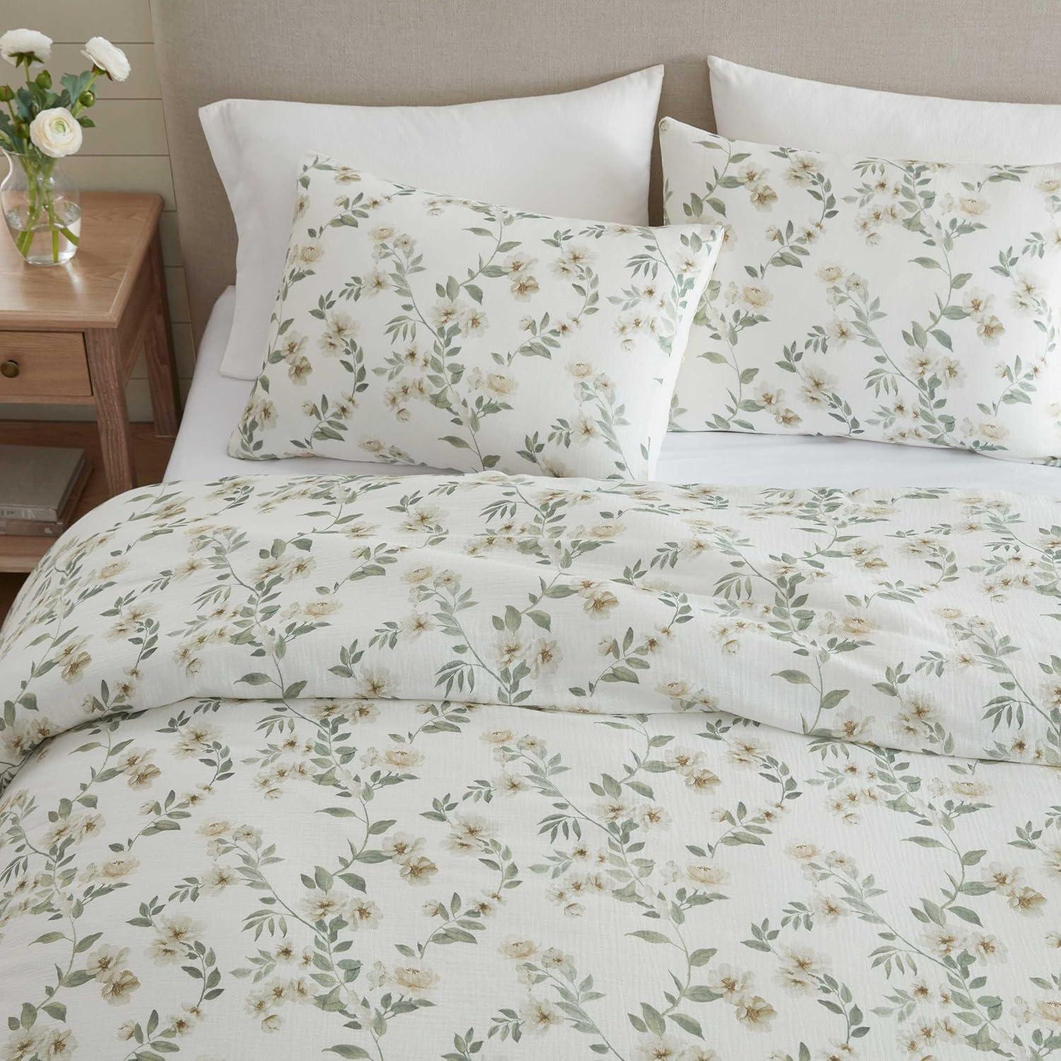 imageMartha Stewart Queen Comforter Set Naturally Soft CottonRich Jacquard Bedding wMatching Pillowcases Textured 3 Piece Bed Set Garden Trellis WhiteHazel Floral Beige
