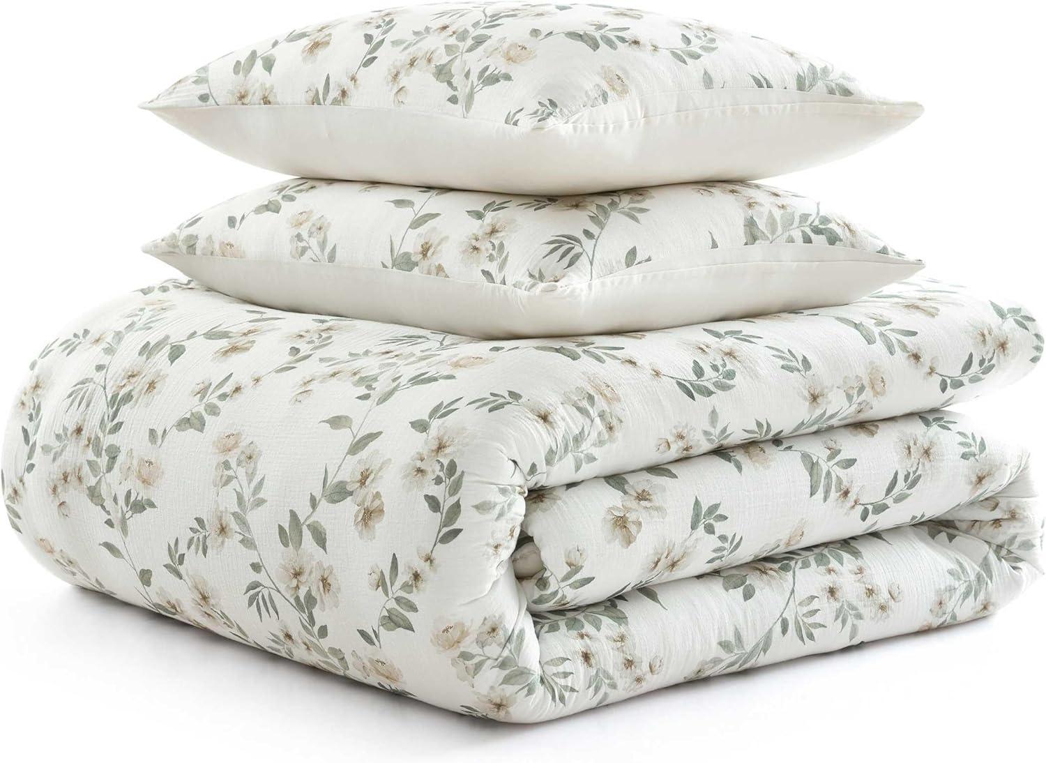 imageMartha Stewart Queen Comforter Set Naturally Soft CottonRich Jacquard Bedding wMatching Pillowcases Textured 3 Piece Bed Set Garden Trellis WhiteHazel Floral Beige