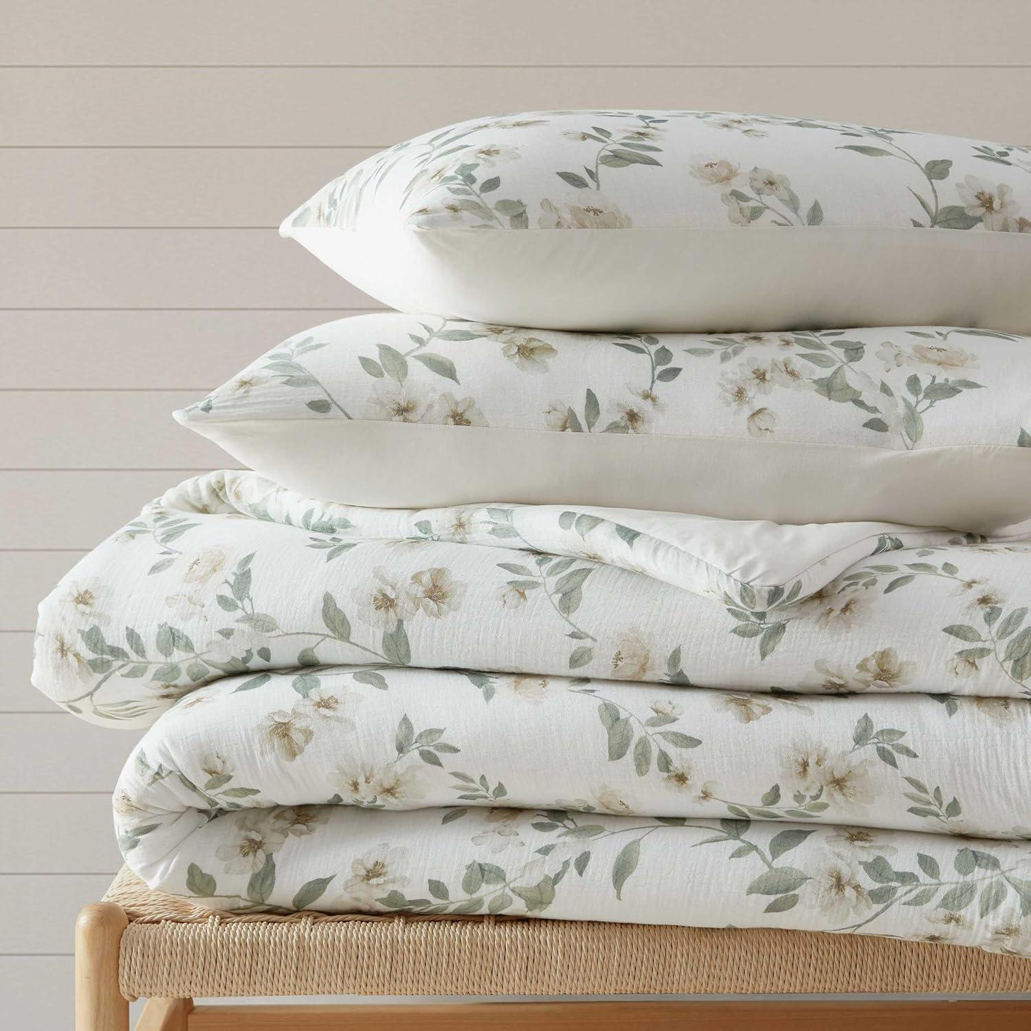 imageMartha Stewart Queen Comforter Set Naturally Soft CottonRich Jacquard Bedding wMatching Pillowcases Textured 3 Piece Bed Set Garden Trellis WhiteHazel Floral Beige