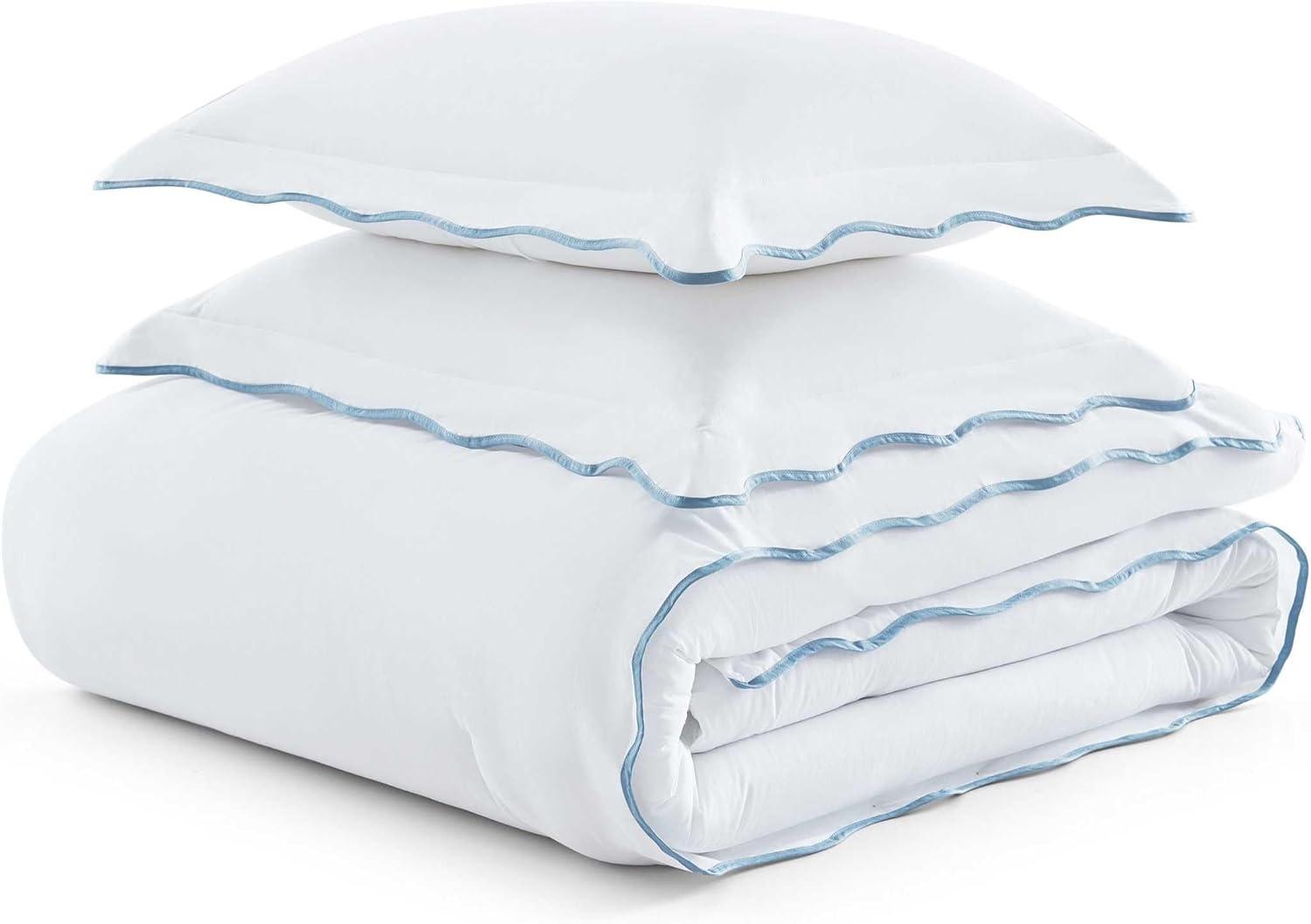 imageMartha Stewart Queen Comforter Set Naturally Soft CottonRich Jacquard Bedding wMatching Pillowcases Textured 3 Piece Bed Set Garden Trellis WhiteSimple Scallop Blue
