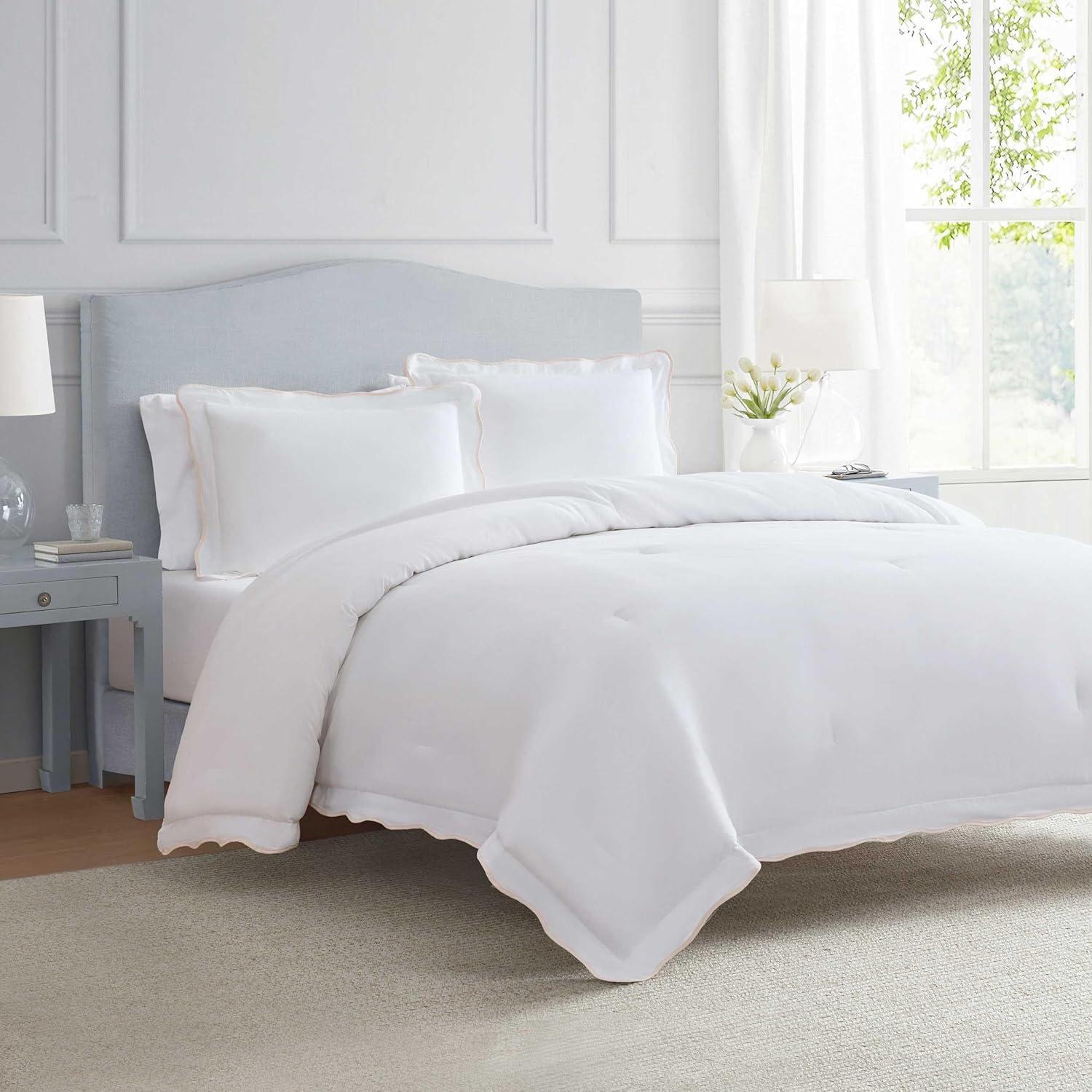 imageMartha Stewart Queen Comforter Set Naturally Soft CottonRich Jacquard Bedding wMatching Pillowcases Textured 3 Piece Bed Set Garden Trellis WhiteSimple Scallop Pink