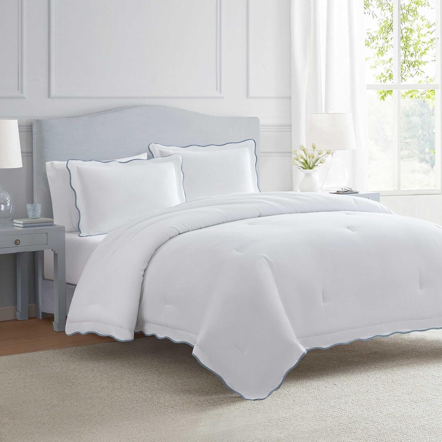 imageMartha Stewart Queen Comforter Set Naturally Soft CottonRich Jacquard Bedding wMatching Pillowcases Textured 3 Piece Bed Set Garden Trellis WhiteSimple Scallop Blue