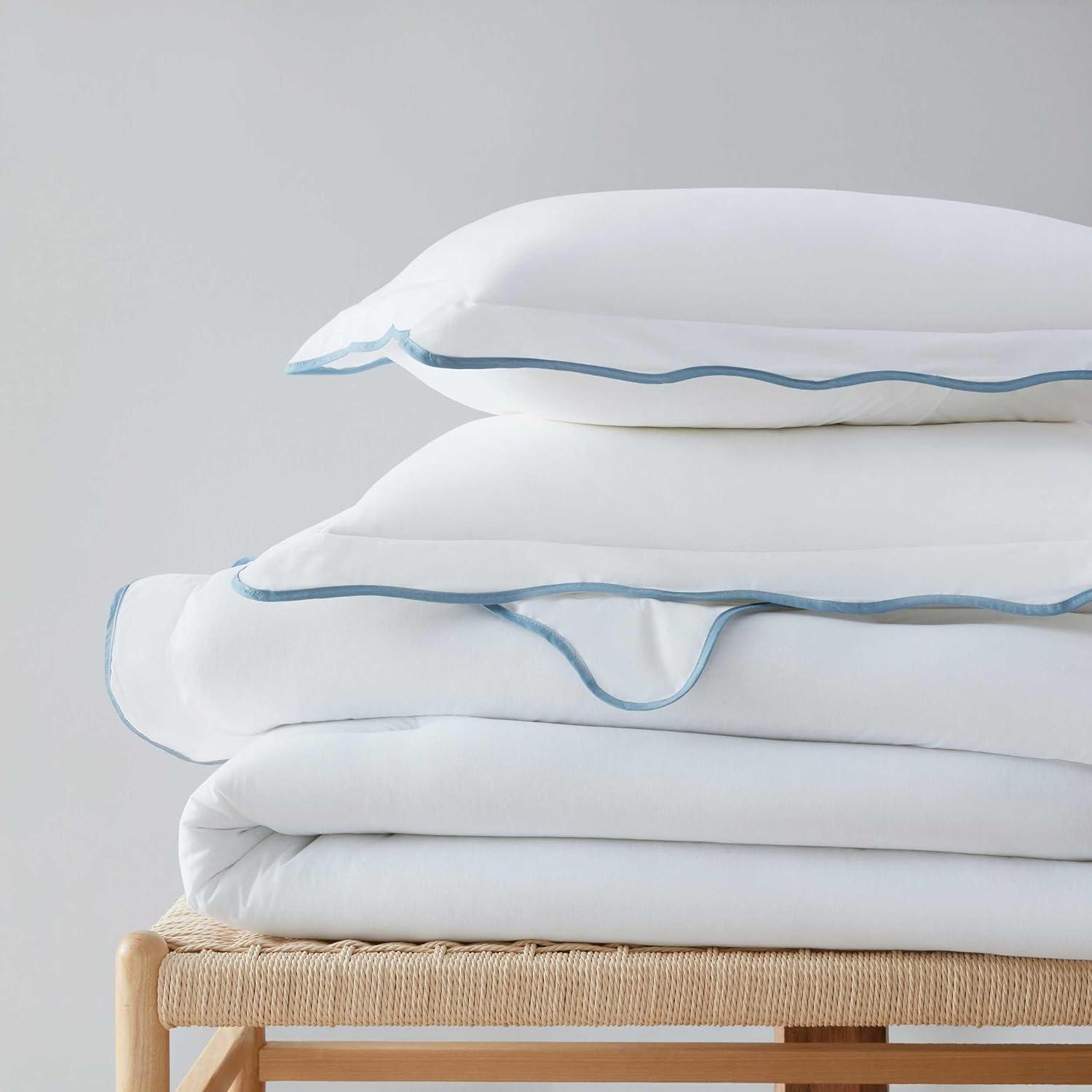 imageMartha Stewart Queen Comforter Set Naturally Soft CottonRich Jacquard Bedding wMatching Pillowcases Textured 3 Piece Bed Set Garden Trellis WhiteSimple Scallop Blue