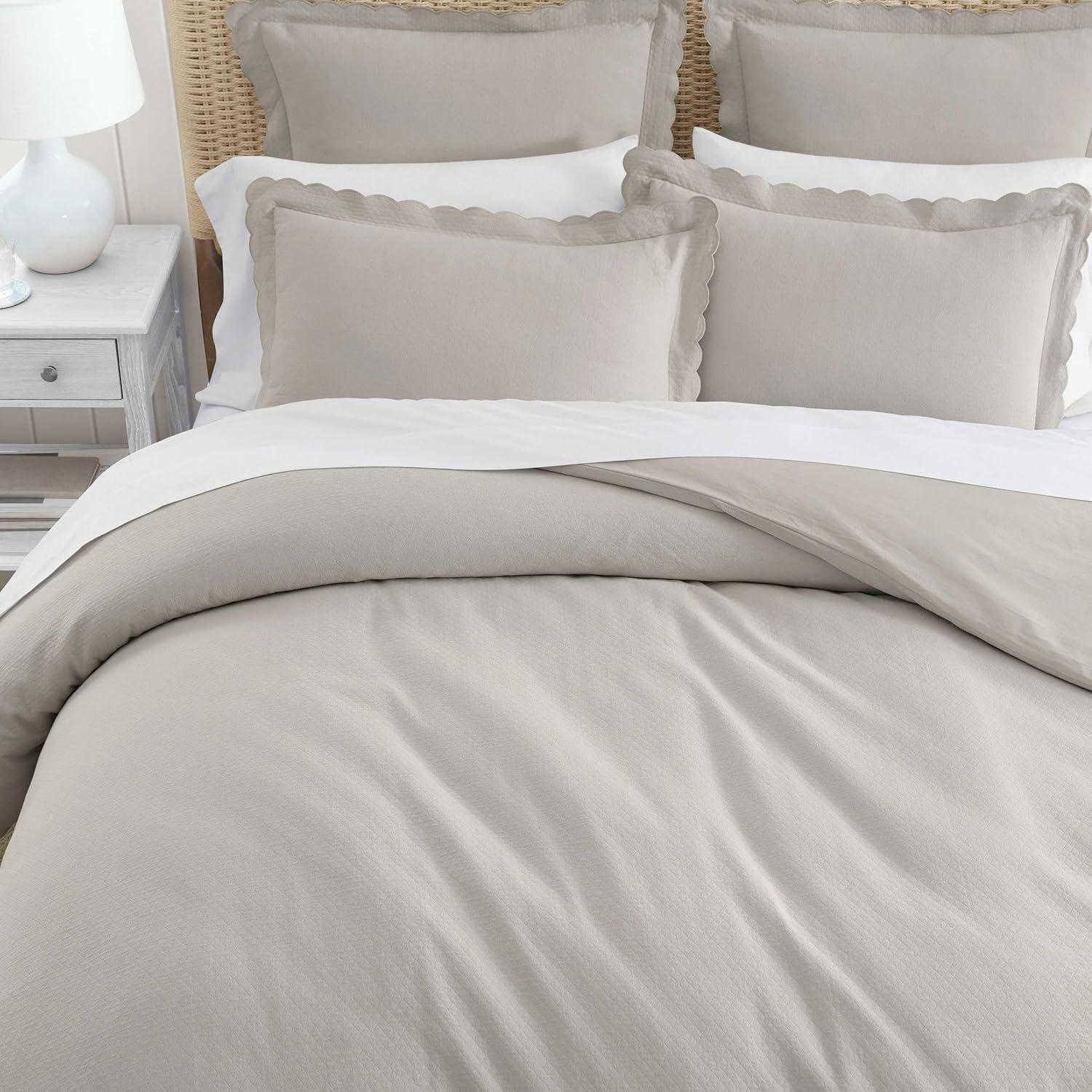 imageMartha Stewart Queen Duvet Cover Set 100 Soft Cotton Blend Bedding Corner Ties amp Button Closure 3 Piece Bed Set with Matching Pillowcases Scallop PinkGrey