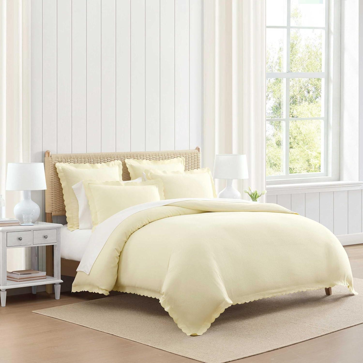 imageMartha Stewart Queen Duvet Cover Set 100 Soft Cotton Blend Bedding Corner Ties amp Button Closure 3 Piece Bed Set with Matching Pillowcases Scallop PinkWhite