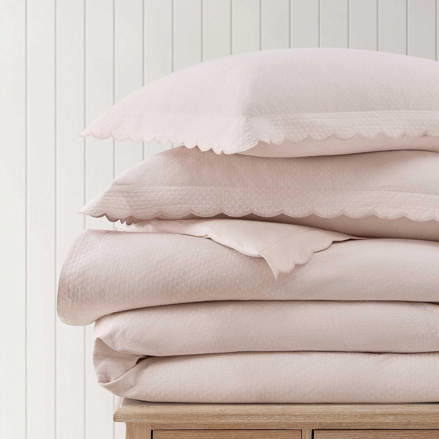 imageMartha Stewart Queen Duvet Cover Set 100 Soft Cotton Blend Bedding Corner Ties amp Button Closure 3 Piece Bed Set with Matching Pillowcases Scallop PinkPink