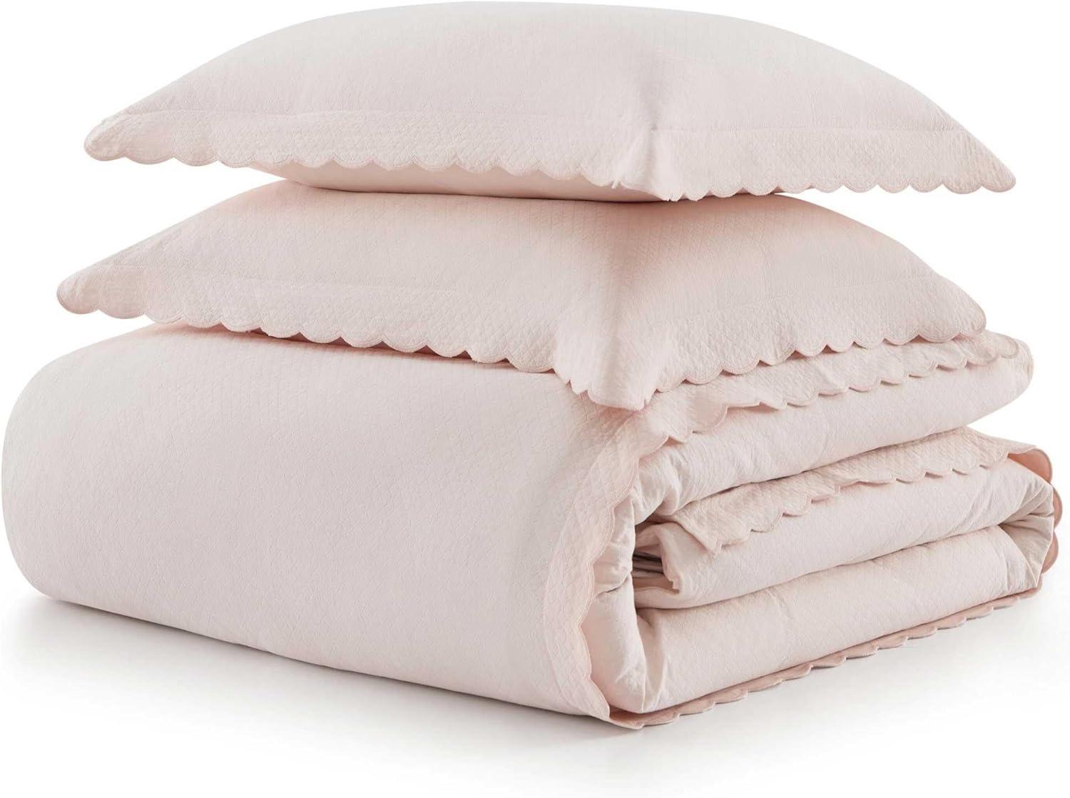 imageMartha Stewart Queen Duvet Cover Set 100 Soft Cotton Blend Bedding Corner Ties amp Button Closure 3 Piece Bed Set with Matching Pillowcases Scallop PinkPink