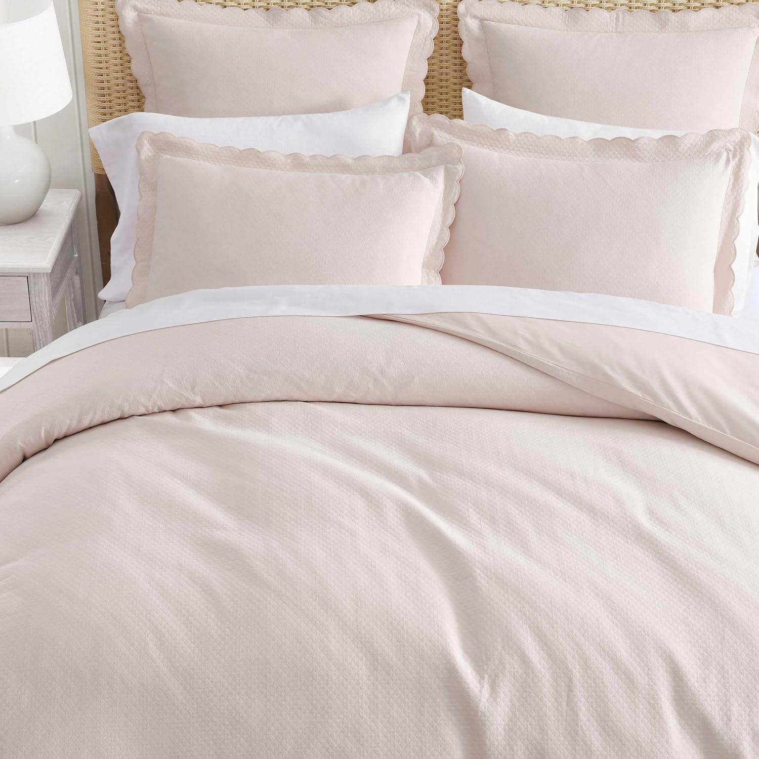 imageMartha Stewart Queen Duvet Cover Set 100 Soft Cotton Blend Bedding Corner Ties amp Button Closure 3 Piece Bed Set with Matching Pillowcases Scallop PinkPink
