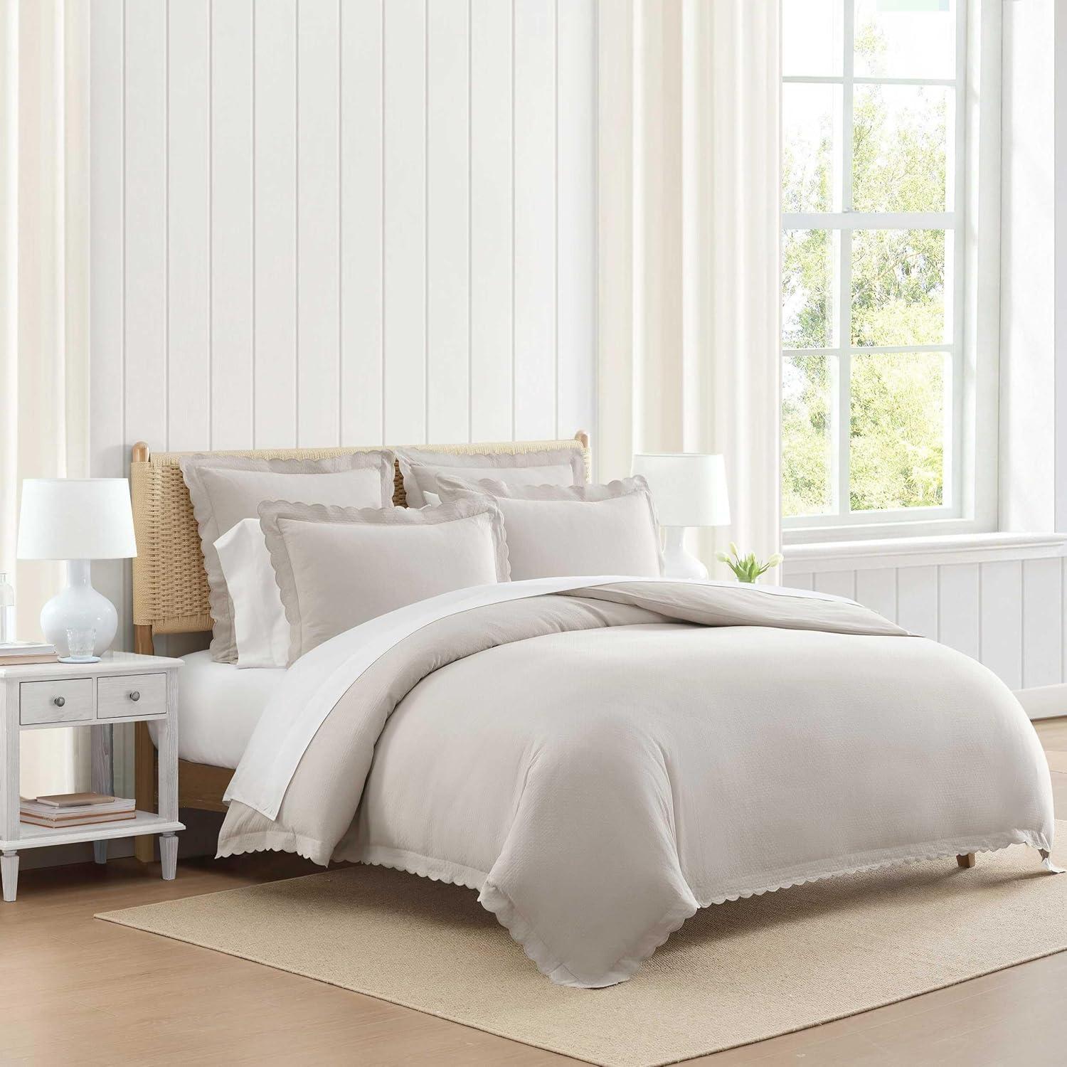 imageMartha Stewart Queen Duvet Cover Set 100 Soft Cotton Blend Bedding Corner Ties amp Button Closure 3 Piece Bed Set with Matching Pillowcases Scallop PinkGrey