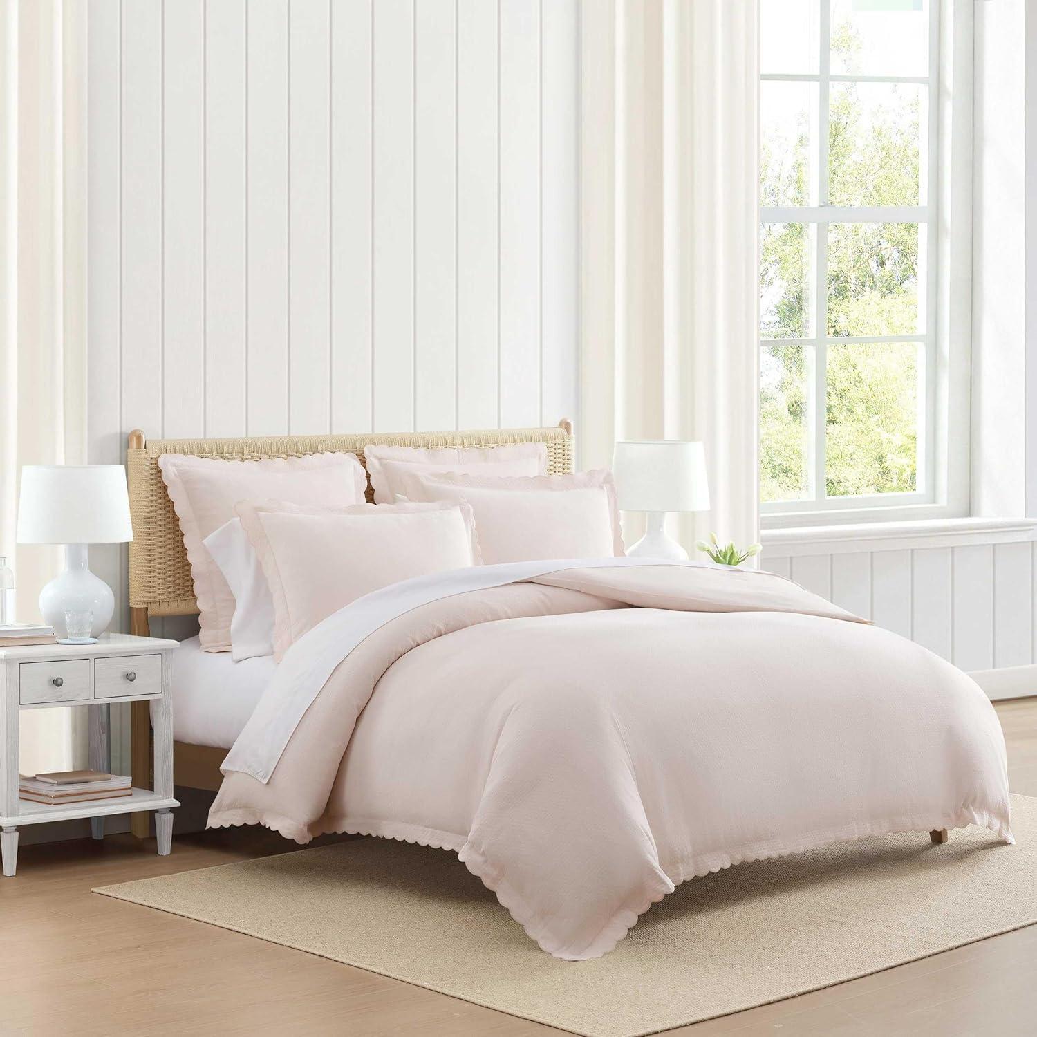 imageMartha Stewart Queen Duvet Cover Set 100 Soft Cotton Blend Bedding Corner Ties amp Button Closure 3 Piece Bed Set with Matching Pillowcases Scallop PinkPink
