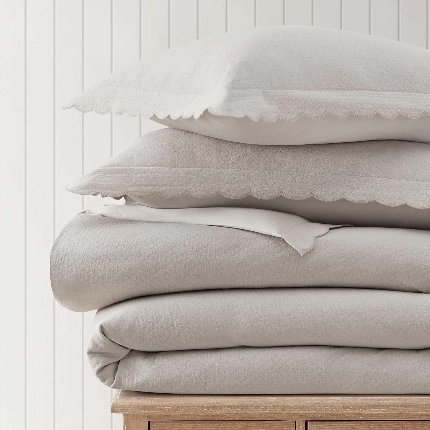 imageMartha Stewart Queen Duvet Cover Set 100 Soft Cotton Blend Bedding Corner Ties amp Button Closure 3 Piece Bed Set with Matching Pillowcases Scallop PinkGrey