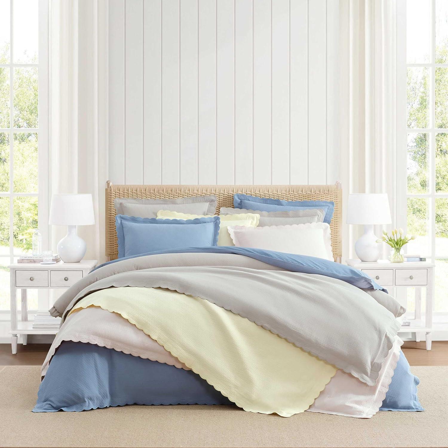 imageMartha Stewart Queen Duvet Cover Set 100 Soft Cotton Blend Bedding Corner Ties amp Button Closure 3 Piece Bed Set with Matching Pillowcases Scallop PinkGrey