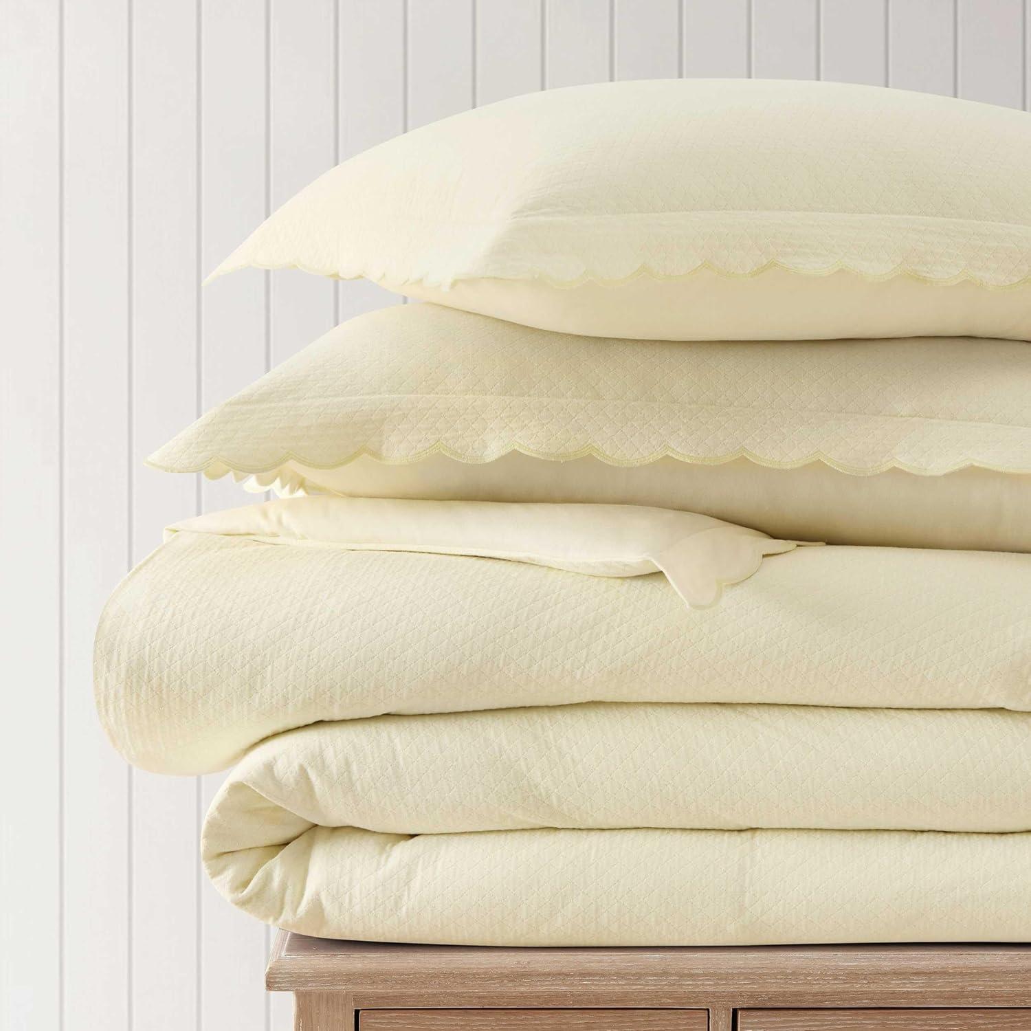imageMartha Stewart Queen Duvet Cover Set 100 Soft Cotton Blend Bedding Corner Ties amp Button Closure 3 Piece Bed Set with Matching Pillowcases Scallop PinkWhite