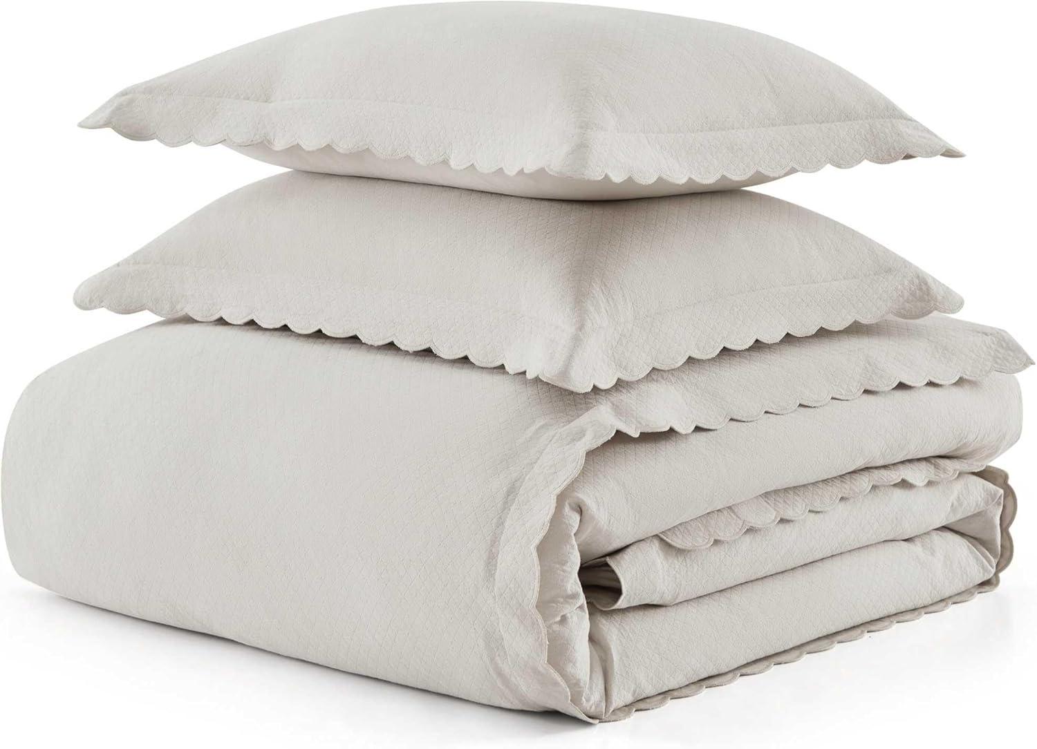 imageMartha Stewart Queen Duvet Cover Set 100 Soft Cotton Blend Bedding Corner Ties amp Button Closure 3 Piece Bed Set with Matching Pillowcases Scallop PinkGrey