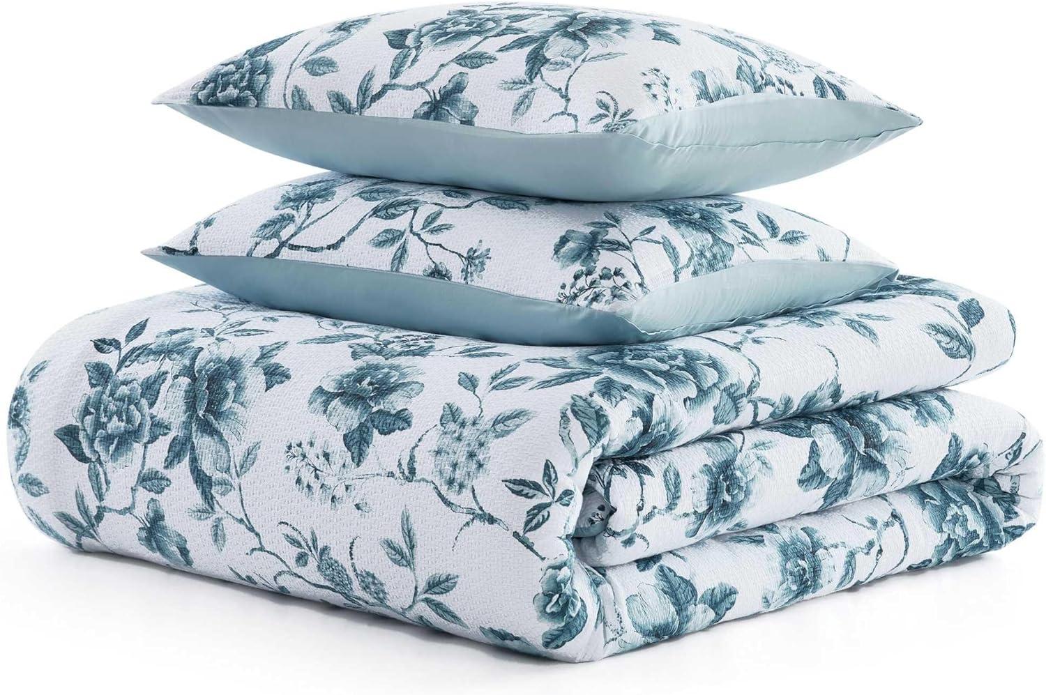 imageMartha Stewart Queen Duvet Cover Set Crisp amp Smooth Bedding with a Cotton Percale Lightweight Feel Reversible 3 Piece Bed Set with Matching Pillowcases Simple Scallop PinkVivian Floral Blue
