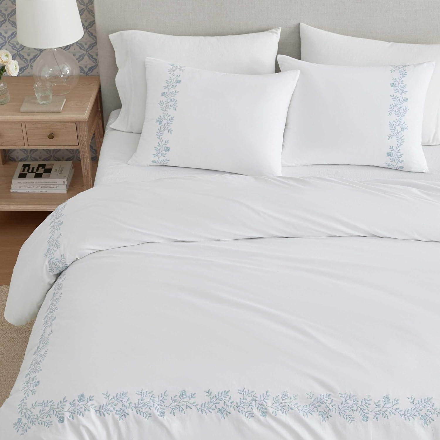 imageMartha Stewart Queen Duvet Cover Set Crisp amp Smooth Bedding with a Cotton Percale Lightweight Feel Reversible 3 Piece Bed Set with Matching Pillowcases Simple Scallop PinkGarden Path Embroidery Blue