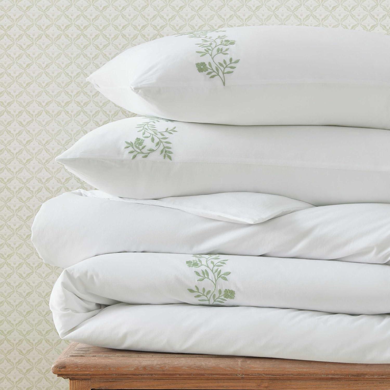 imageMartha Stewart Queen Duvet Cover Set Crisp amp Smooth Bedding with a Cotton Percale Lightweight Feel Reversible 3 Piece Bed Set with Matching Pillowcases Simple Scallop PinkGarden Path Embroidery Green