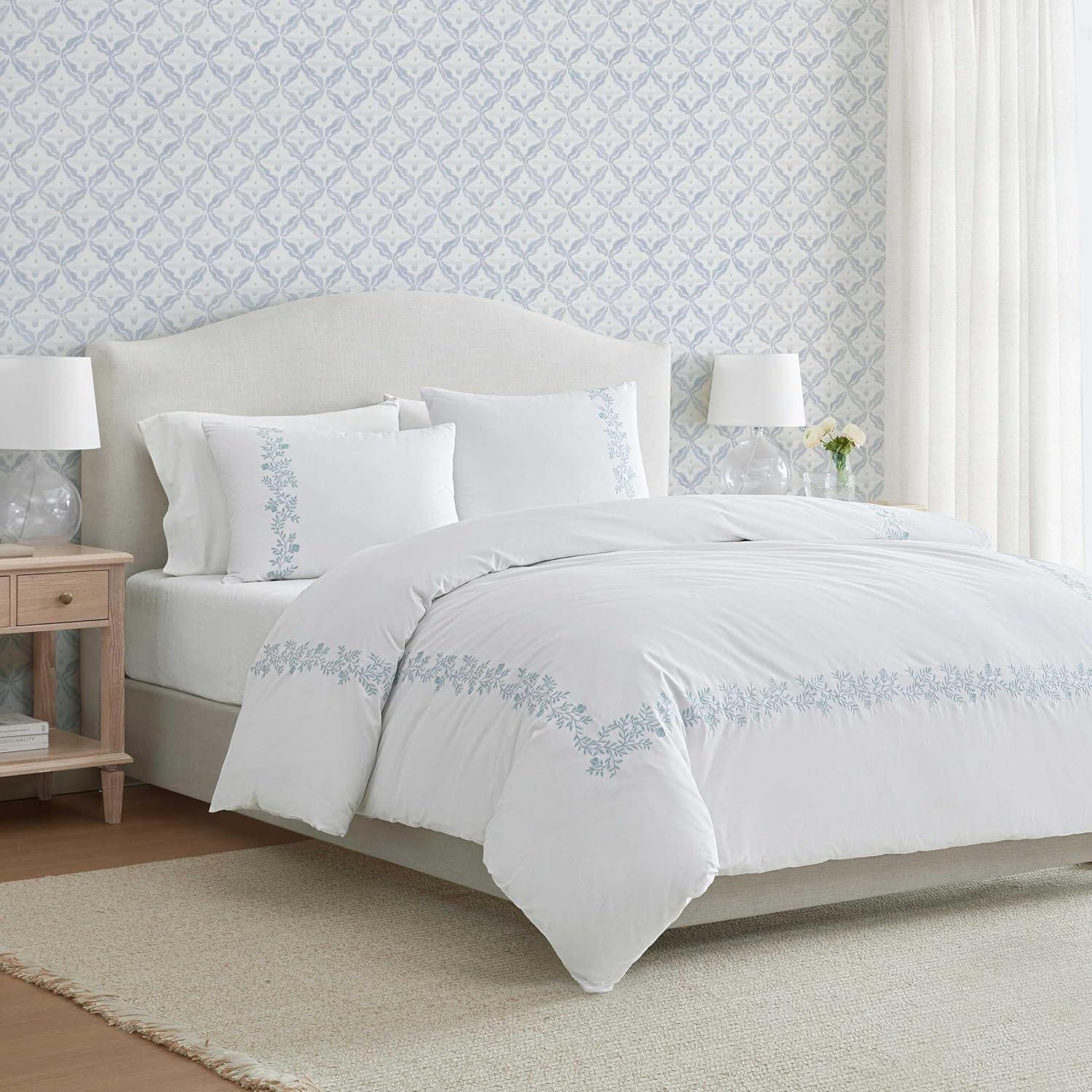 imageMartha Stewart Queen Duvet Cover Set Crisp amp Smooth Bedding with a Cotton Percale Lightweight Feel Reversible 3 Piece Bed Set with Matching Pillowcases Simple Scallop PinkGarden Path Embroidery Blue