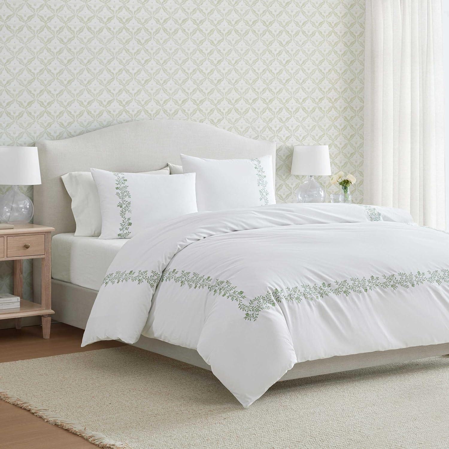 imageMartha Stewart Queen Duvet Cover Set Crisp amp Smooth Bedding with a Cotton Percale Lightweight Feel Reversible 3 Piece Bed Set with Matching Pillowcases Simple Scallop PinkGarden Path Embroidery Green