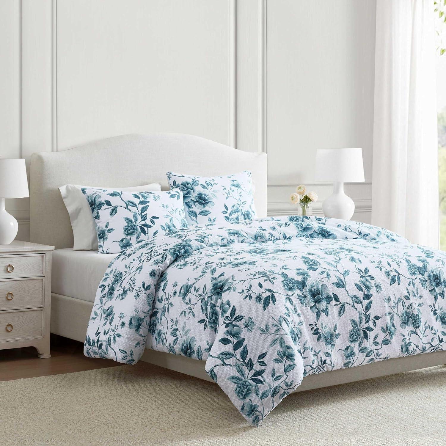 imageMartha Stewart Queen Duvet Cover Set Crisp amp Smooth Bedding with a Cotton Percale Lightweight Feel Reversible 3 Piece Bed Set with Matching Pillowcases Simple Scallop PinkVivian Floral Blue