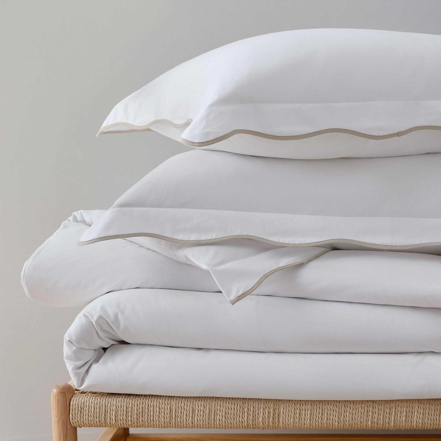 imageMartha Stewart Queen Duvet Cover Set Crisp amp Smooth Bedding with a Cotton Percale Lightweight Feel Reversible 3 Piece Bed Set with Matching Pillowcases Simple Scallop PinkSimple Scallop Beige