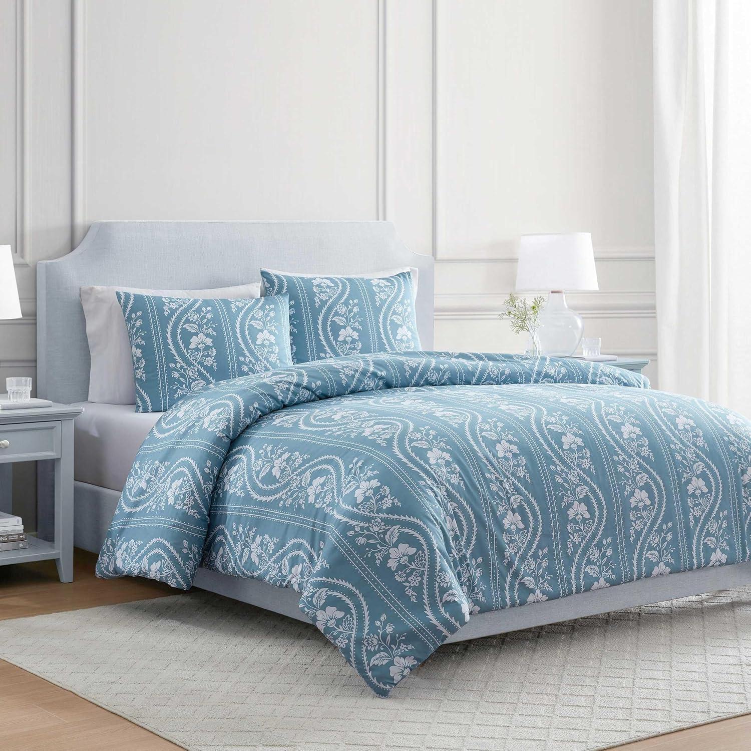imageMartha Stewart Queen Duvet Cover Set Crisp amp Smooth Bedding with a Cotton Percale Lightweight Feel Reversible 3 Piece Bed Set with Matching Pillowcases Simple Scallop PinkElosie Floral Grey