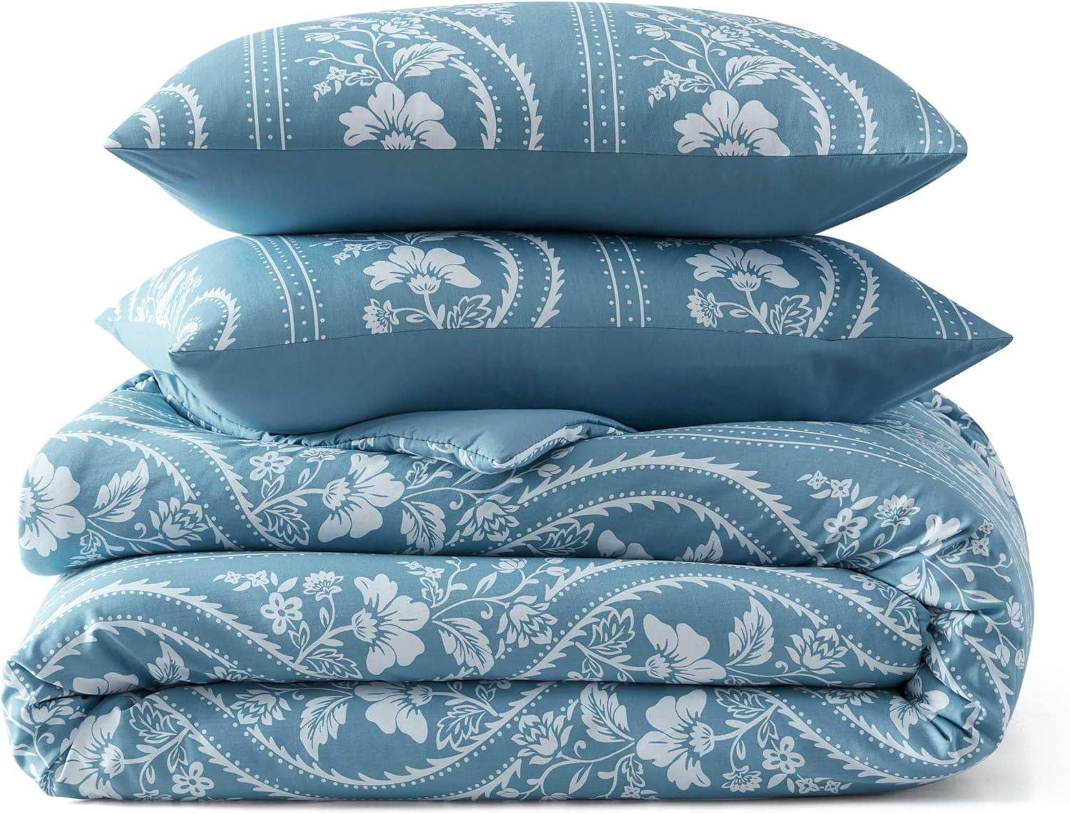 imageMartha Stewart Queen Duvet Cover Set Crisp amp Smooth Bedding with a Cotton Percale Lightweight Feel Reversible 3 Piece Bed Set with Matching Pillowcases Simple Scallop PinkSophia Stripe Blue