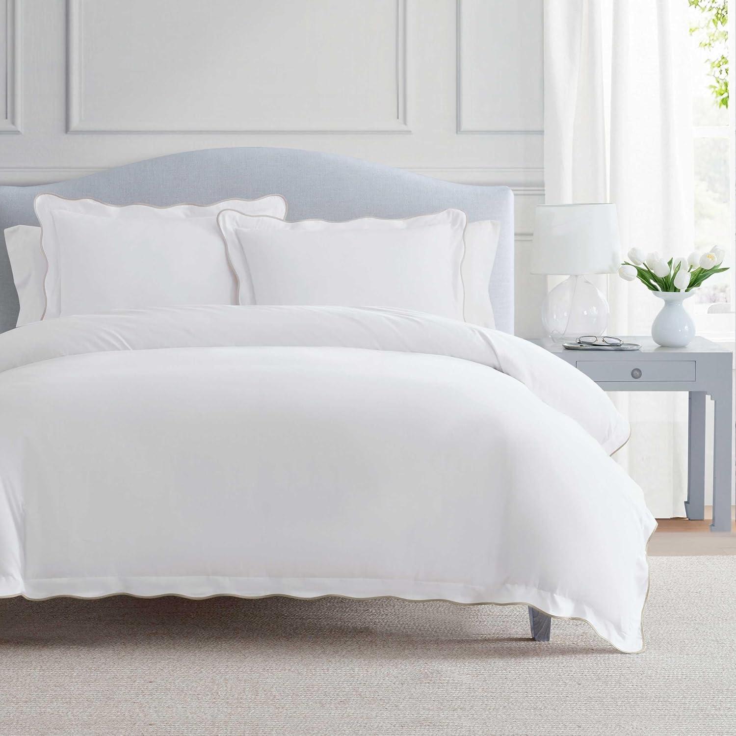 imageMartha Stewart Queen Duvet Cover Set Crisp amp Smooth Bedding with a Cotton Percale Lightweight Feel Reversible 3 Piece Bed Set with Matching Pillowcases Simple Scallop PinkSimple Scallop Beige