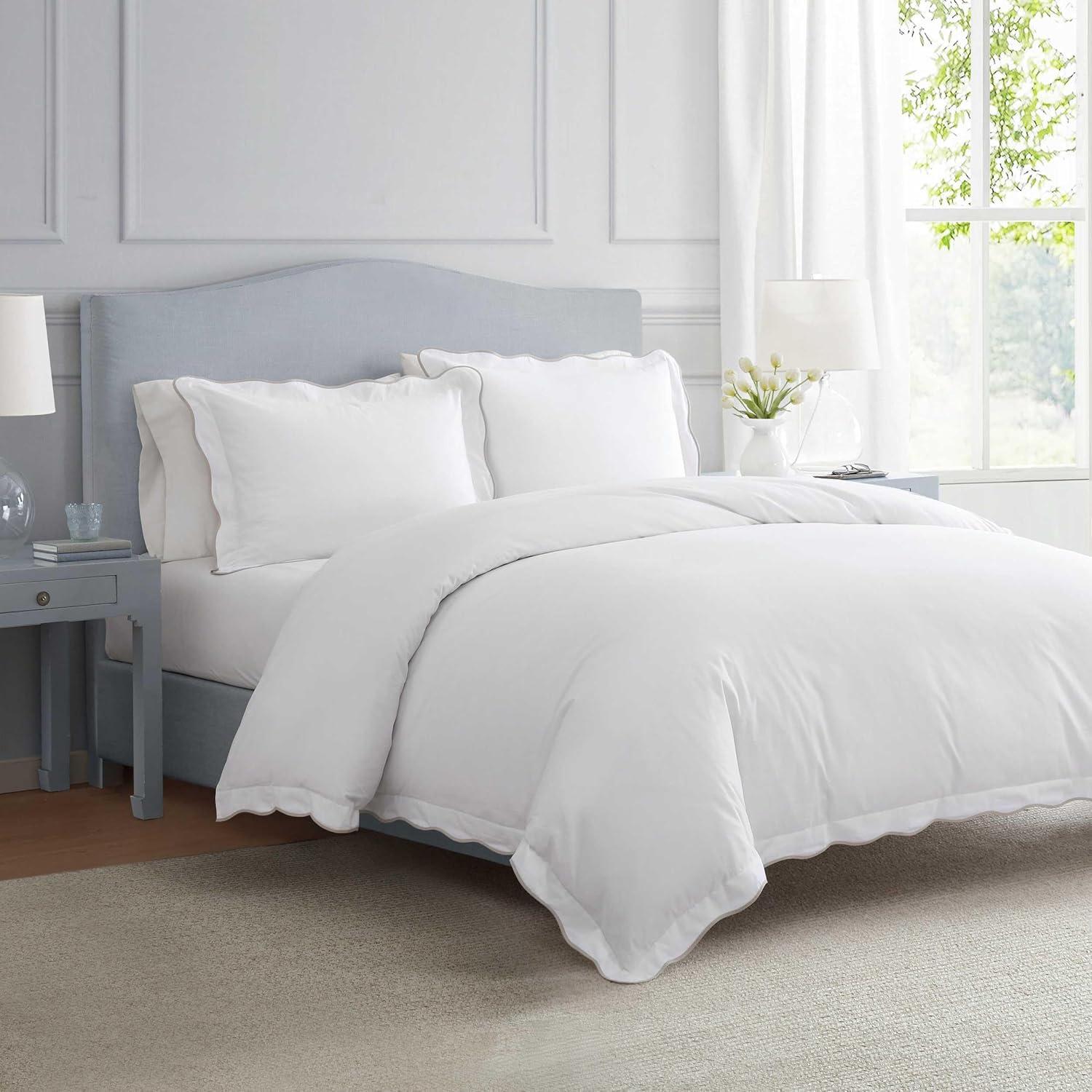 imageMartha Stewart Queen Duvet Cover Set Crisp amp Smooth Bedding with a Cotton Percale Lightweight Feel Reversible 3 Piece Bed Set with Matching Pillowcases Simple Scallop PinkSimple Scallop Beige