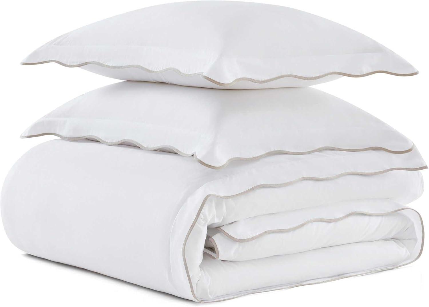 imageMartha Stewart Queen Duvet Cover Set Crisp amp Smooth Bedding with a Cotton Percale Lightweight Feel Reversible 3 Piece Bed Set with Matching Pillowcases Simple Scallop PinkSimple Scallop Beige