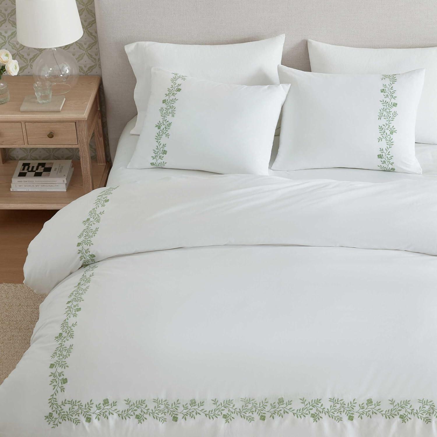 imageMartha Stewart Queen Duvet Cover Set Crisp amp Smooth Bedding with a Cotton Percale Lightweight Feel Reversible 3 Piece Bed Set with Matching Pillowcases Simple Scallop PinkGarden Path Embroidery Green