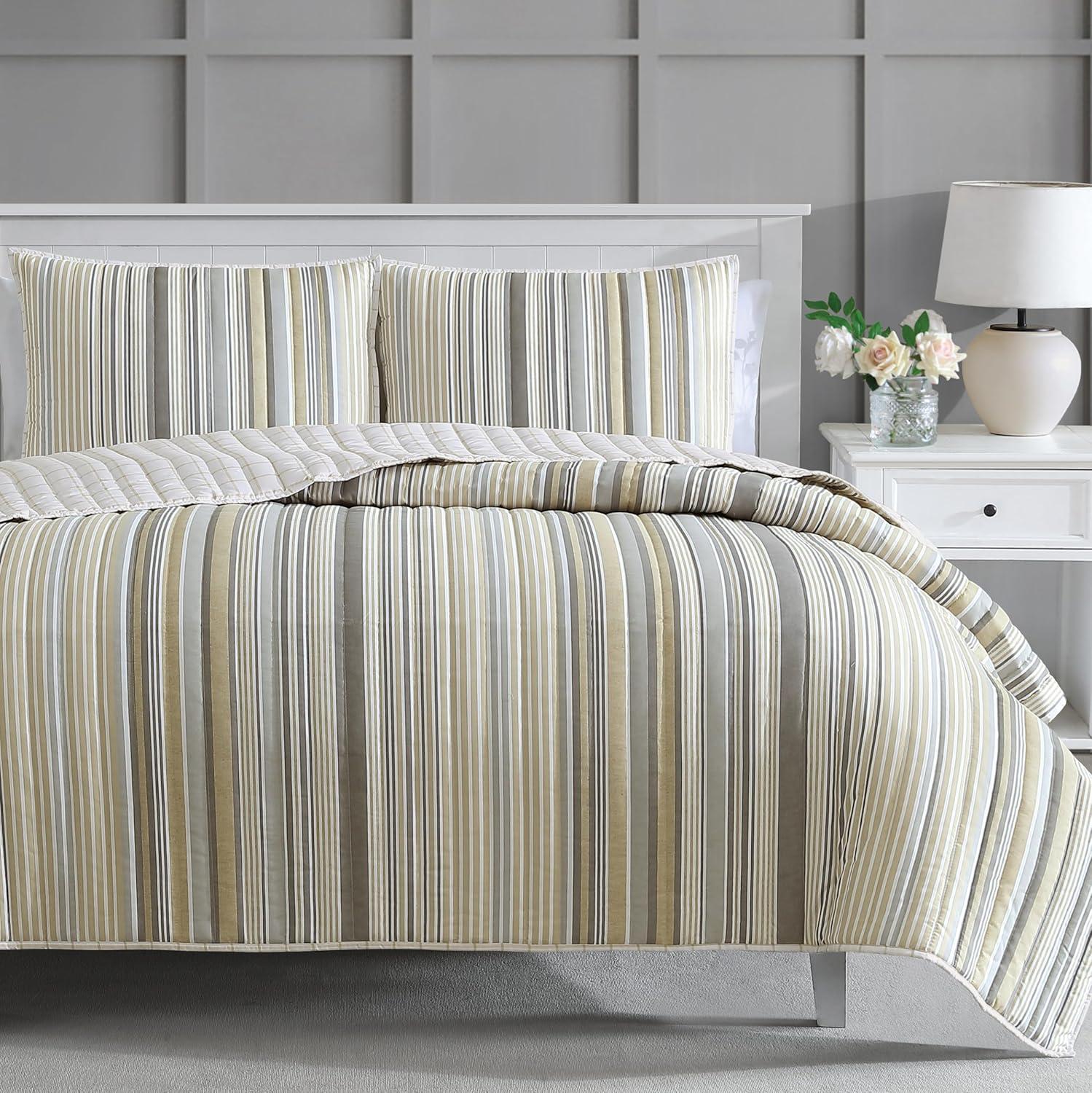 imageMartha Stewart Queen Quilt Set 100 Cotton Reversible Bedding Set Incredibly Soft Feel for Year Round Comfort 3 Piece Bed Set with Matching Pillowcases Flower Block Print BlueLefferts Stripe