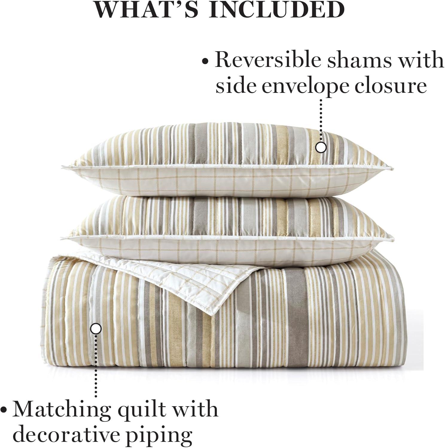 imageMartha Stewart Queen Quilt Set 100 Cotton Reversible Bedding Set Incredibly Soft Feel for Year Round Comfort 3 Piece Bed Set with Matching Pillowcases Flower Block Print BlueLefferts Stripe