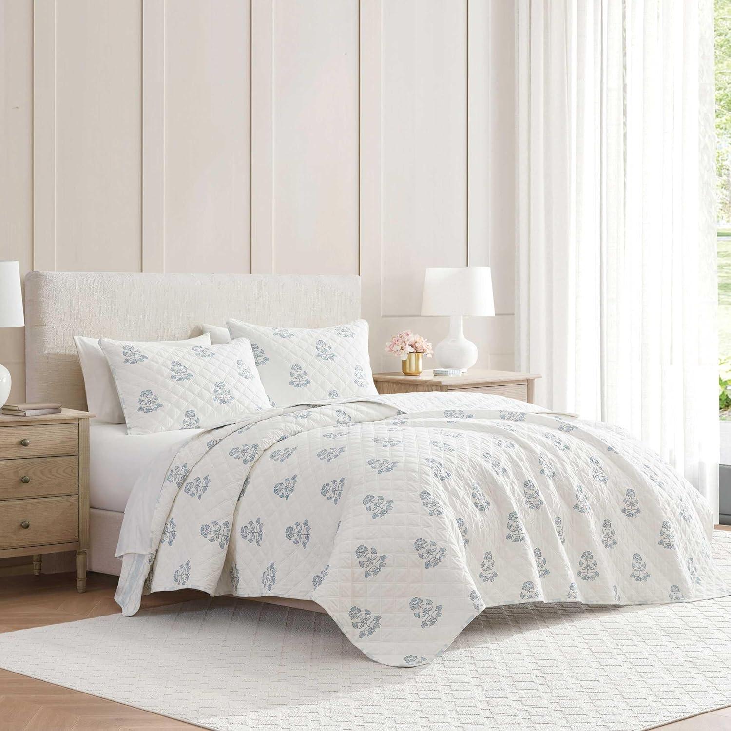 imageMartha Stewart Queen Quilt Set 100 Cotton Reversible Bedding Set Incredibly Soft Feel for Year Round Comfort 3 Piece Bed Set with Matching Pillowcases Flower Block Print BlueFlower Block Blue