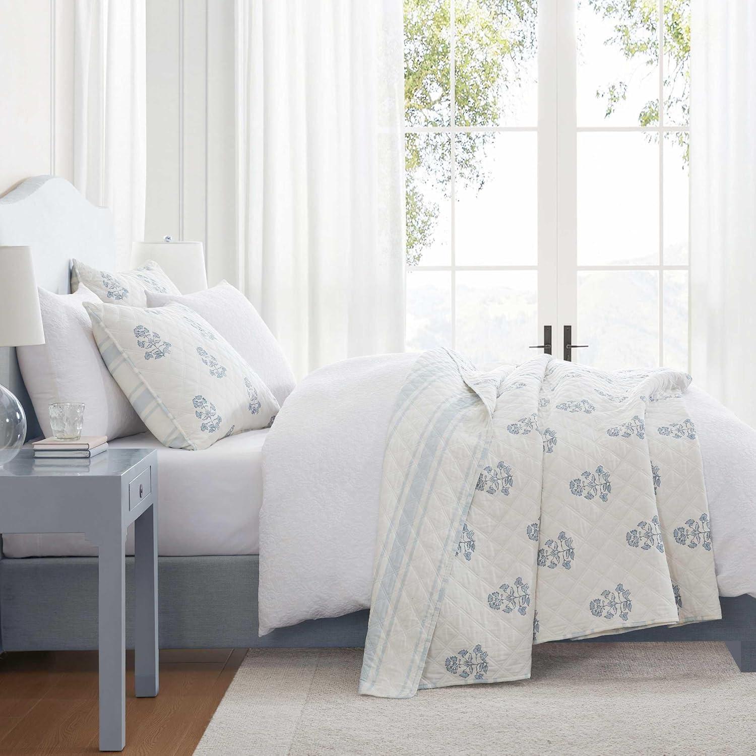 imageMartha Stewart Queen Quilt Set 100 Cotton Reversible Bedding Set Incredibly Soft Feel for Year Round Comfort 3 Piece Bed Set with Matching Pillowcases Flower Block Print BlueFlower Block Blue