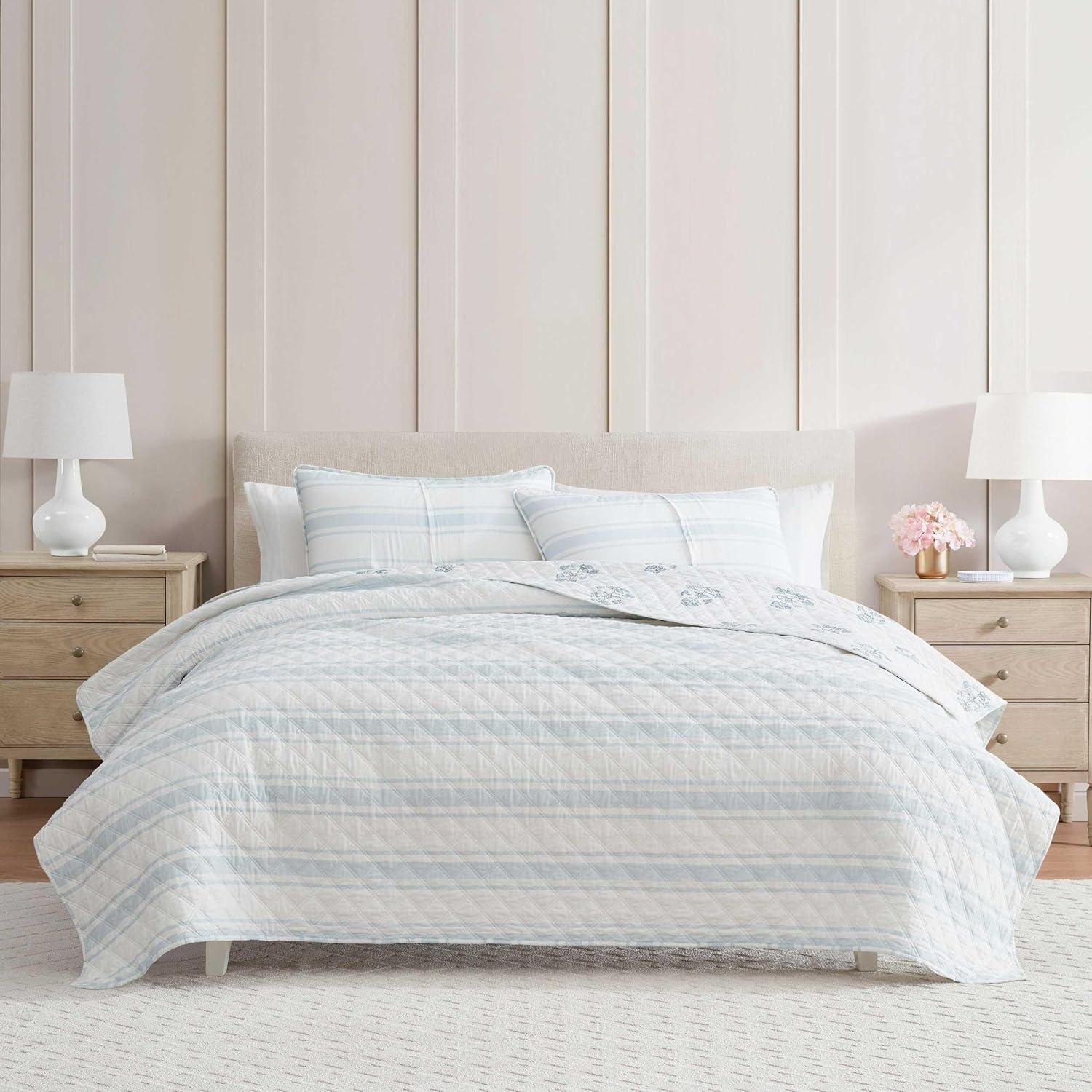 imageMartha Stewart Queen Quilt Set 100 Cotton Reversible Bedding Set Incredibly Soft Feel for Year Round Comfort 3 Piece Bed Set with Matching Pillowcases Flower Block Print BlueFlower Block Blue