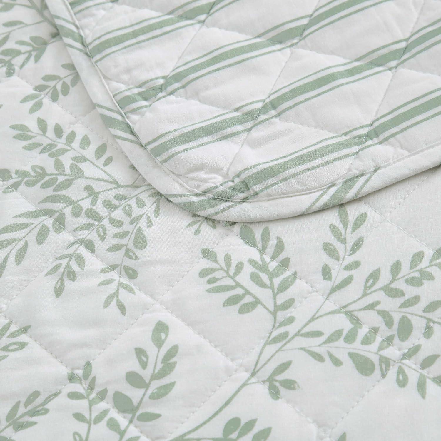 imageMartha Stewart Queen Quilt Set 100 Cotton Reversible Bedding Set Incredibly Soft Feel for Year Round Comfort 3 Piece Bed Set with Matching Pillowcases Flower Block Print BlueMurray Leaves Green