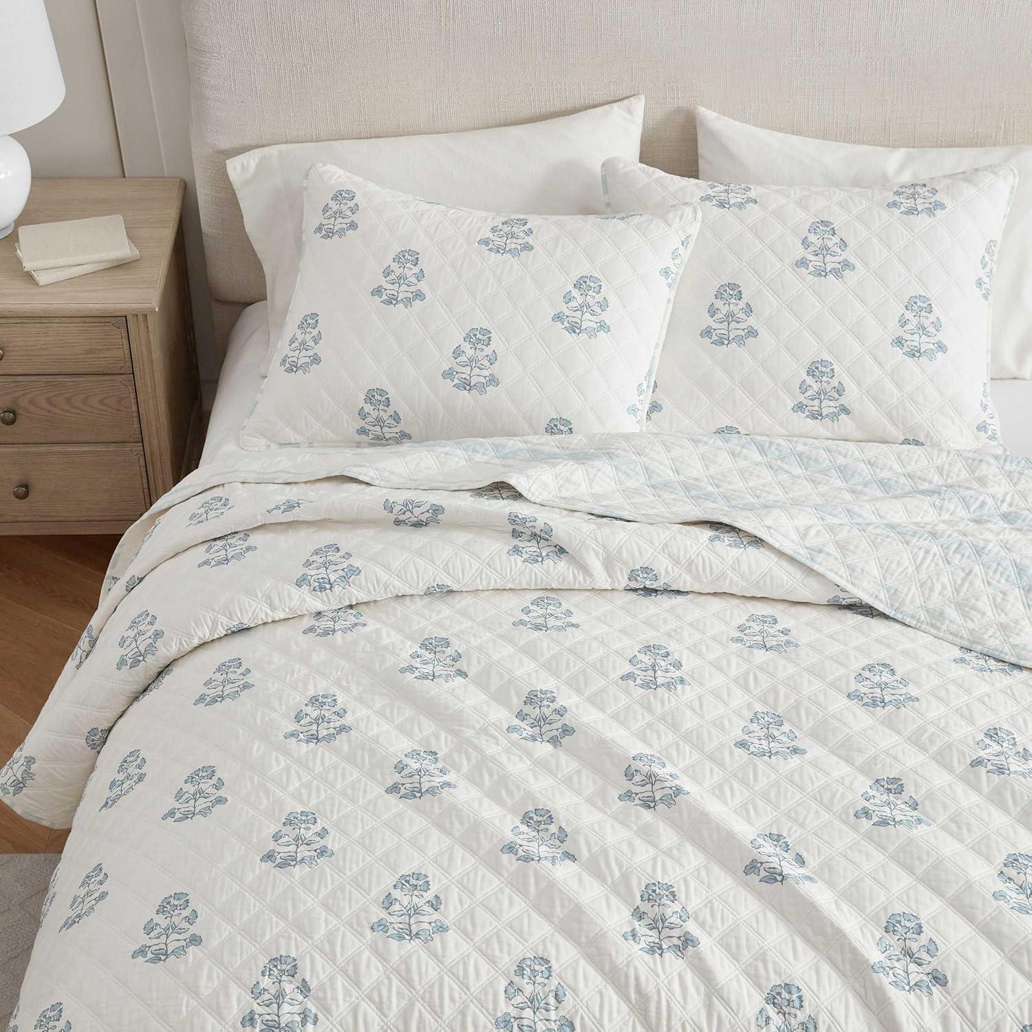 imageMartha Stewart Queen Quilt Set 100 Cotton Reversible Bedding Set Incredibly Soft Feel for Year Round Comfort 3 Piece Bed Set with Matching Pillowcases Flower Block Print BlueFlower Block Blue