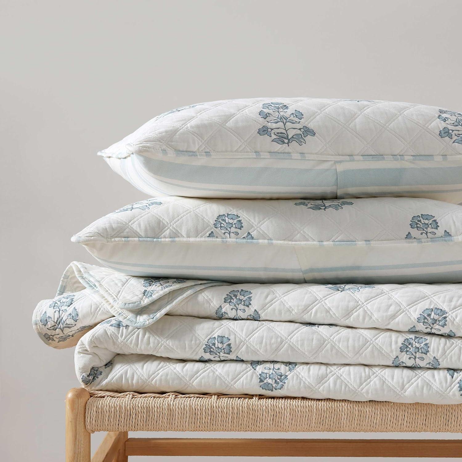 imageMartha Stewart Queen Quilt Set 100 Cotton Reversible Bedding Set Incredibly Soft Feel for Year Round Comfort 3 Piece Bed Set with Matching Pillowcases Flower Block Print BlueFlower Block Blue