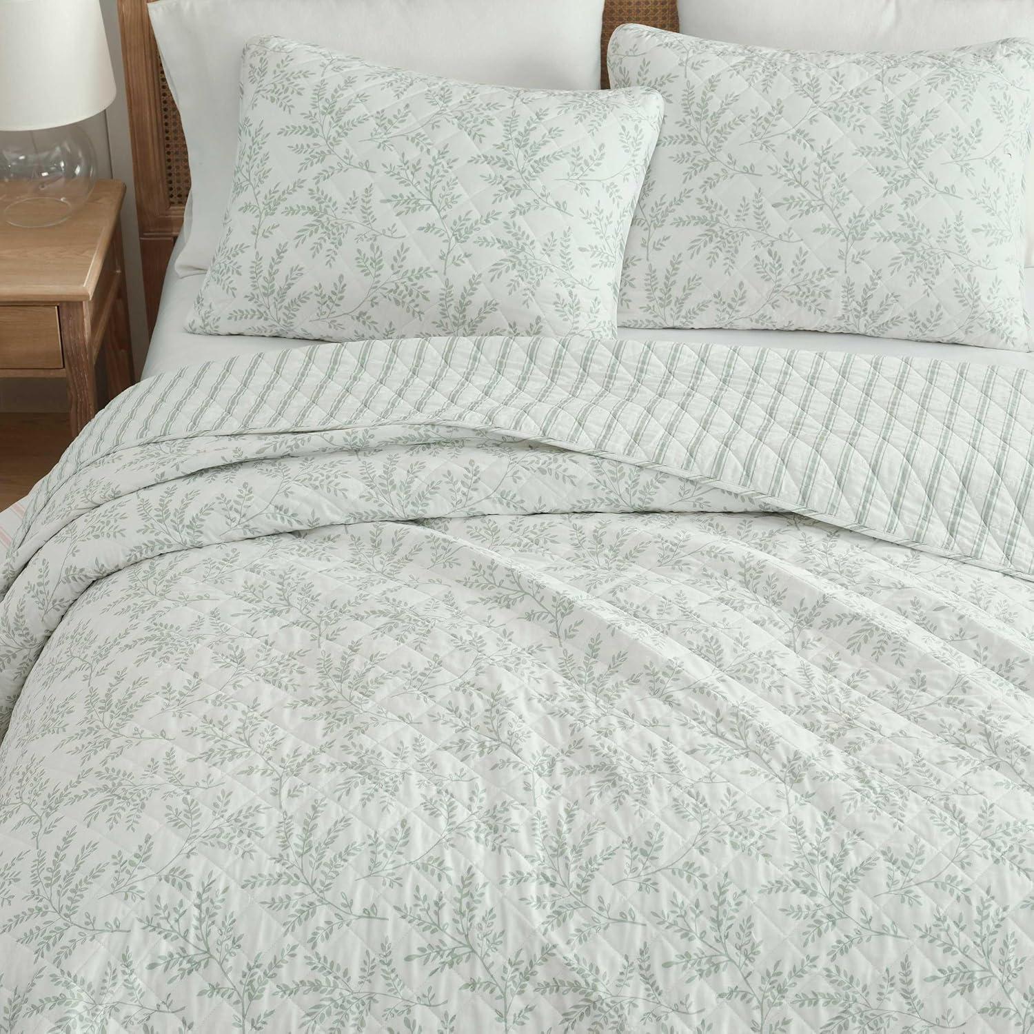 imageMartha Stewart Queen Quilt Set 100 Cotton Reversible Bedding Set Incredibly Soft Feel for Year Round Comfort 3 Piece Bed Set with Matching Pillowcases Flower Block Print BlueMurray Leaves Green