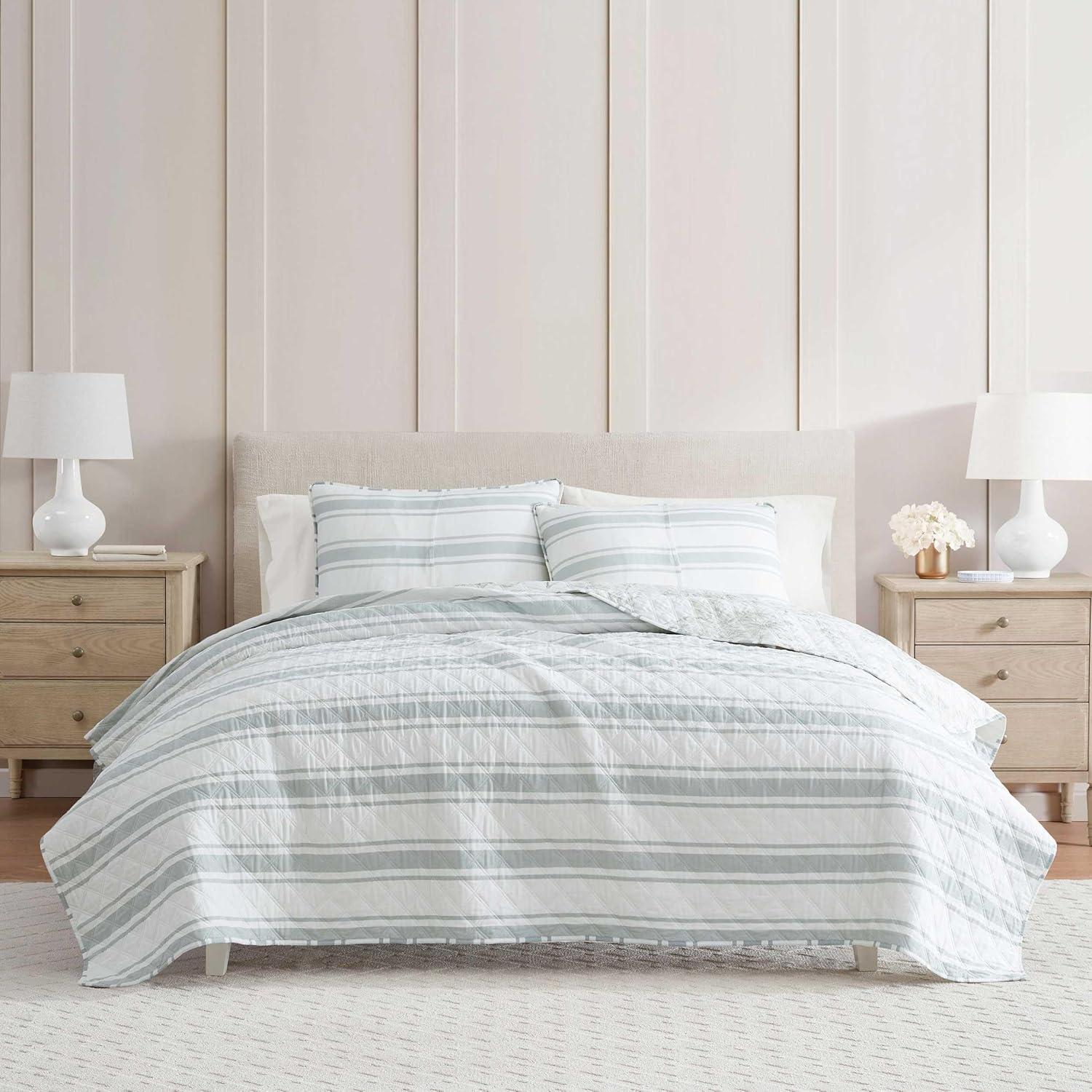 imageMartha Stewart Queen Quilt Set 100 Cotton Reversible Bedding Set Incredibly Soft Feel for Year Round Comfort 3 Piece Bed Set with Matching Pillowcases Flower Block Print BlueVine Flora Green