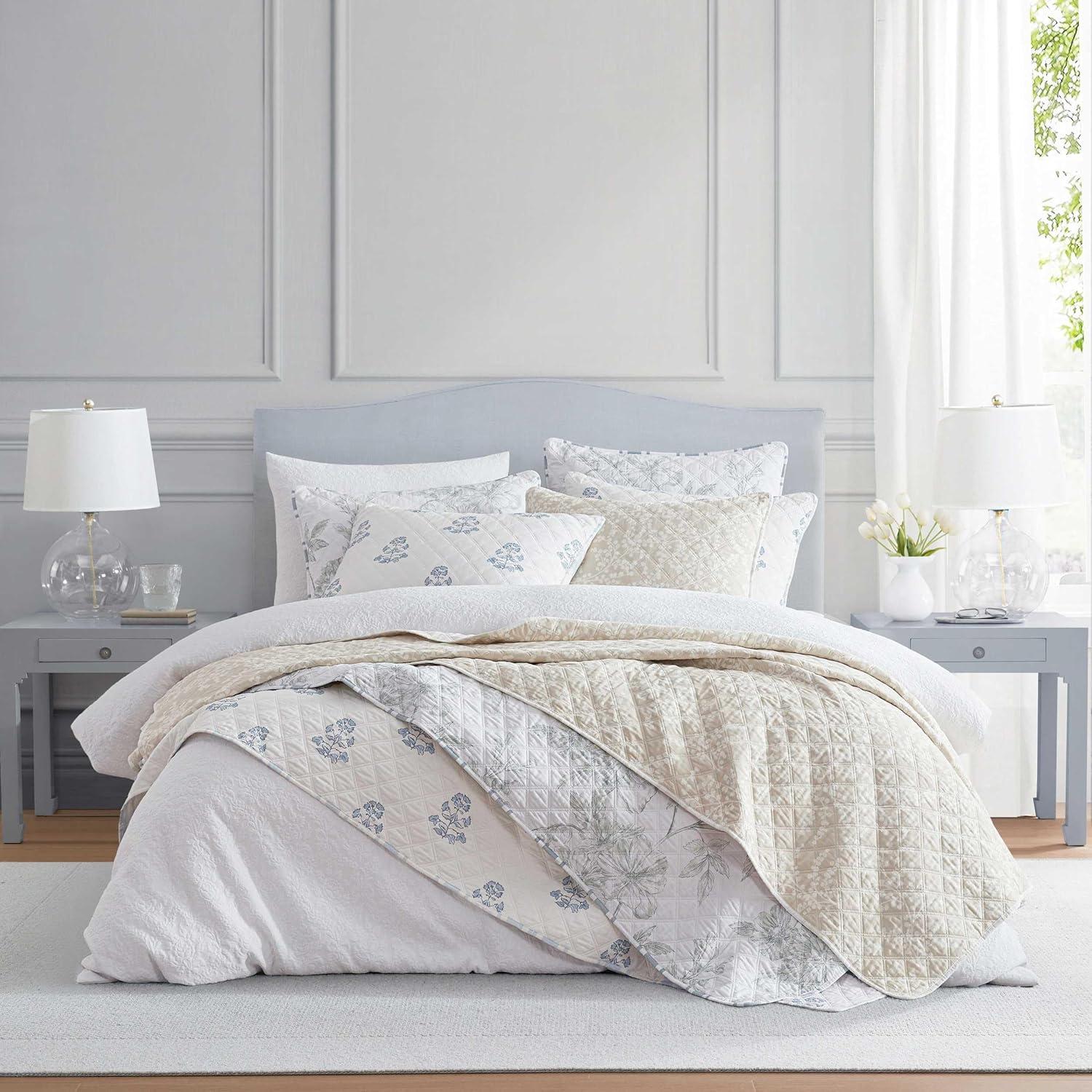 imageMartha Stewart Queen Quilt Set 100 Cotton Reversible Bedding Set Incredibly Soft Feel for Year Round Comfort 3 Piece Bed Set with Matching Pillowcases Flower Block Print BlueFlower Block Blue