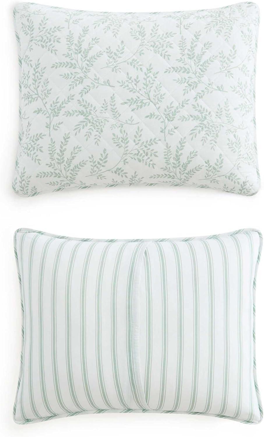 imageMartha Stewart Queen Quilt Set 100 Cotton Reversible Bedding Set Incredibly Soft Feel for Year Round Comfort 3 Piece Bed Set with Matching Pillowcases Flower Block Print BlueMurray Leaves Green