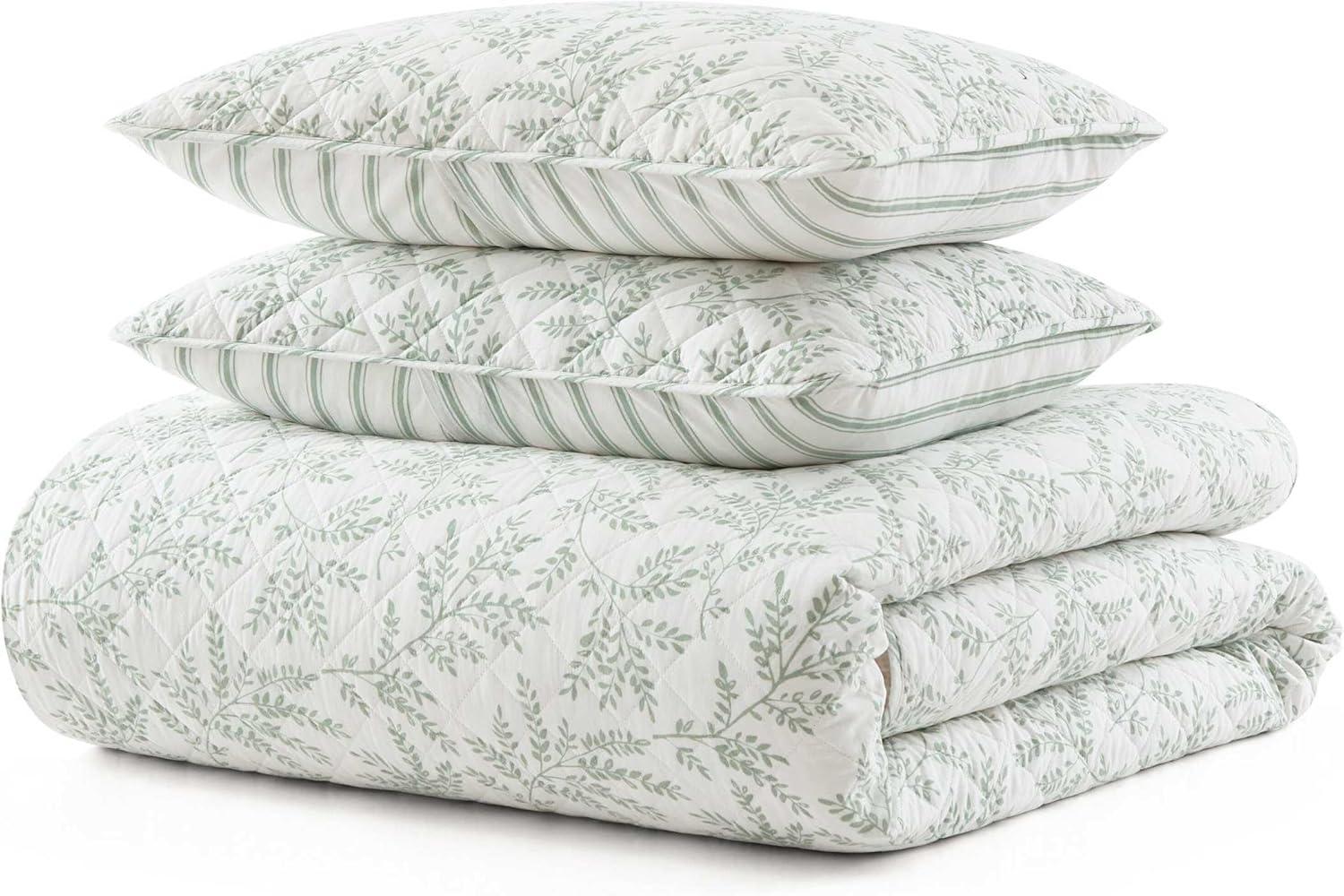 imageMartha Stewart Queen Quilt Set 100 Cotton Reversible Bedding Set Incredibly Soft Feel for Year Round Comfort 3 Piece Bed Set with Matching Pillowcases Flower Block Print BlueMurray Leaves Green