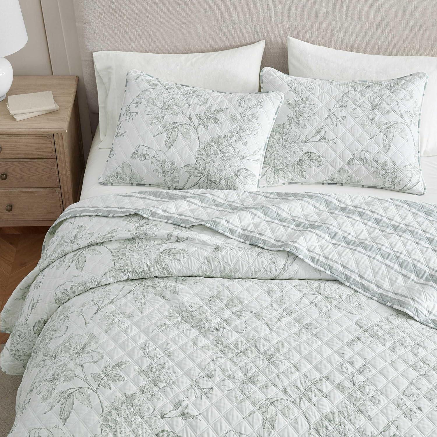 imageMartha Stewart Queen Quilt Set 100 Cotton Reversible Bedding Set Incredibly Soft Feel for Year Round Comfort 3 Piece Bed Set with Matching Pillowcases Flower Block Print BlueVine Flora Green