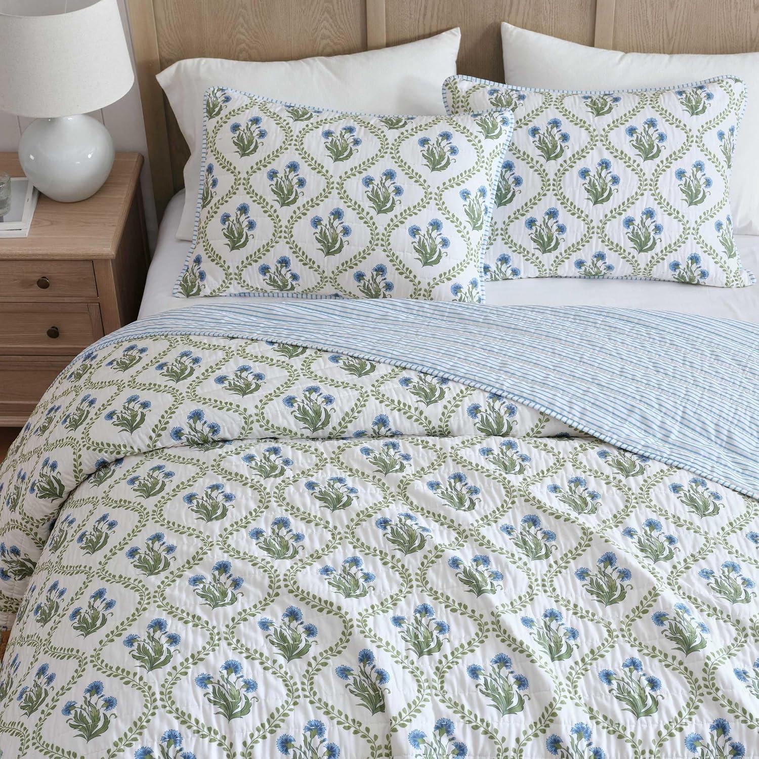 imageMartha Stewart Queen Quilt Set 100 Soft Cotton Floral Bedding for Year Round Comfort 3 Piece Bed Set with Matching Pillowcases French Bird Floral GreenChloe Green