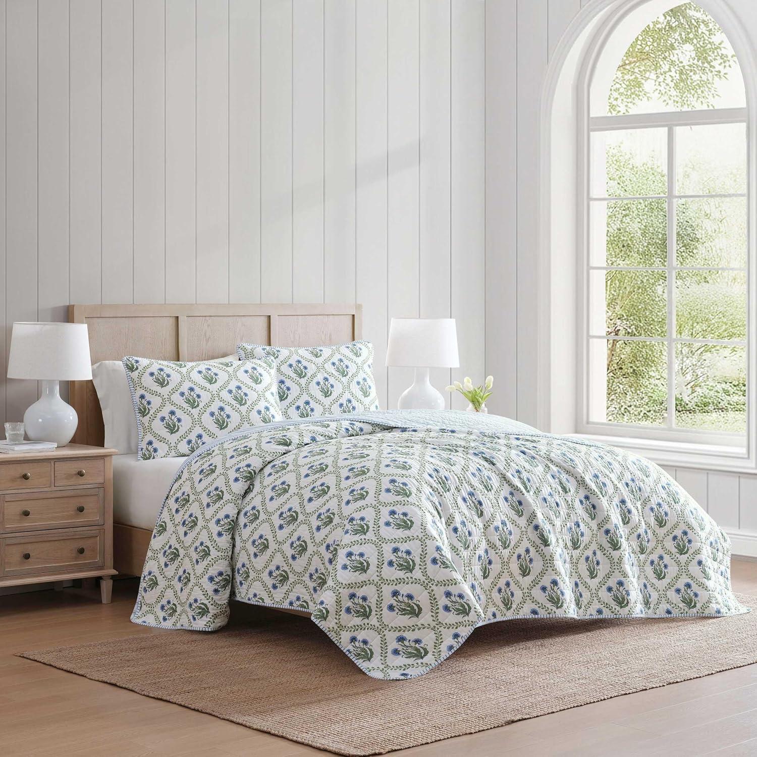 imageMartha Stewart Queen Quilt Set 100 Soft Cotton Floral Bedding for Year Round Comfort 3 Piece Bed Set with Matching Pillowcases French Bird Floral GreenChloe Green
