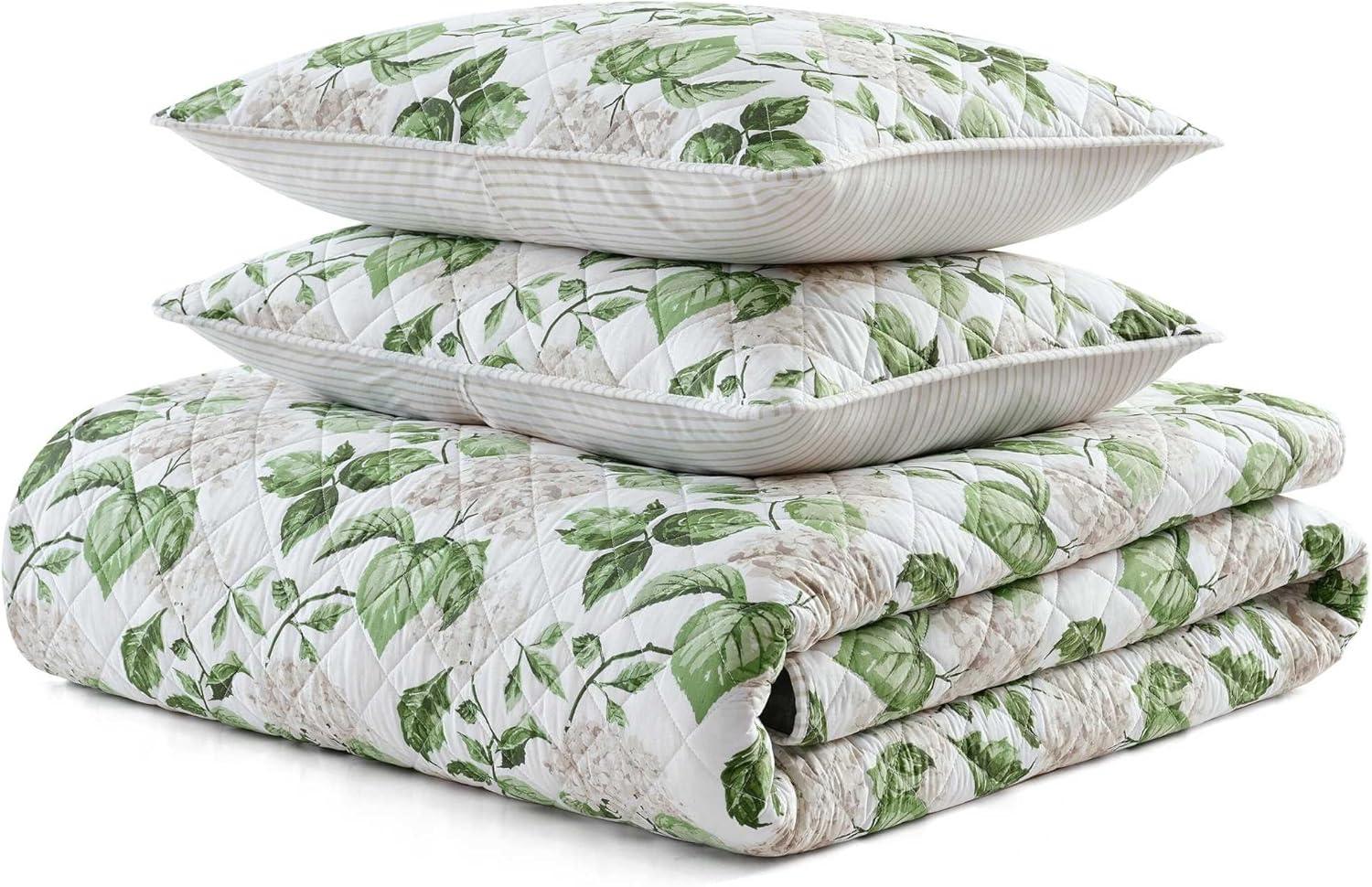 imageMartha Stewart Queen Quilt Set 100 Soft Cotton Floral Bedding for Year Round Comfort 3 Piece Bed Set with Matching Pillowcases French Bird Floral GreenHydrangea Floral Beige
