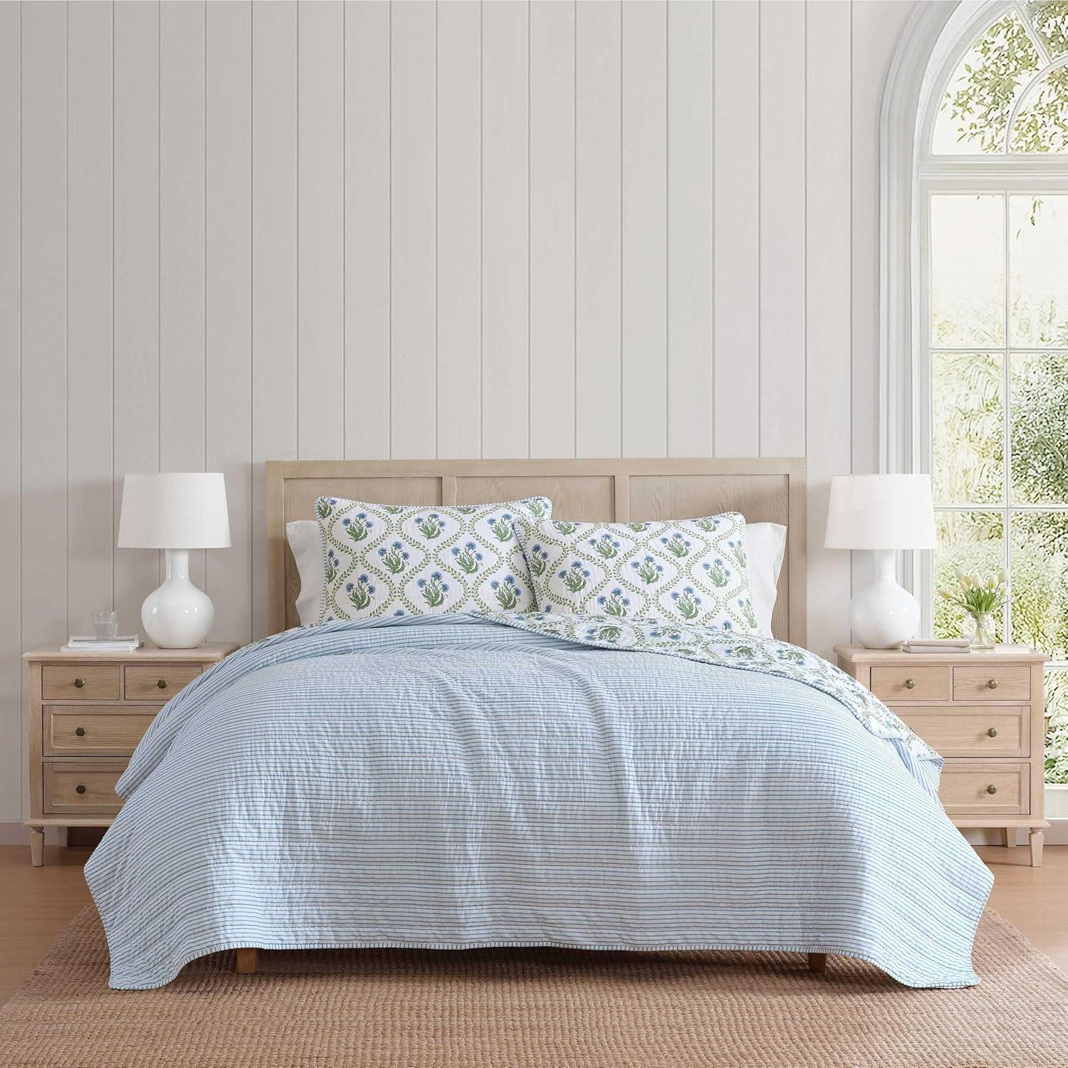 imageMartha Stewart Queen Quilt Set 100 Soft Cotton Floral Bedding for Year Round Comfort 3 Piece Bed Set with Matching Pillowcases French Bird Floral GreenChloe Green
