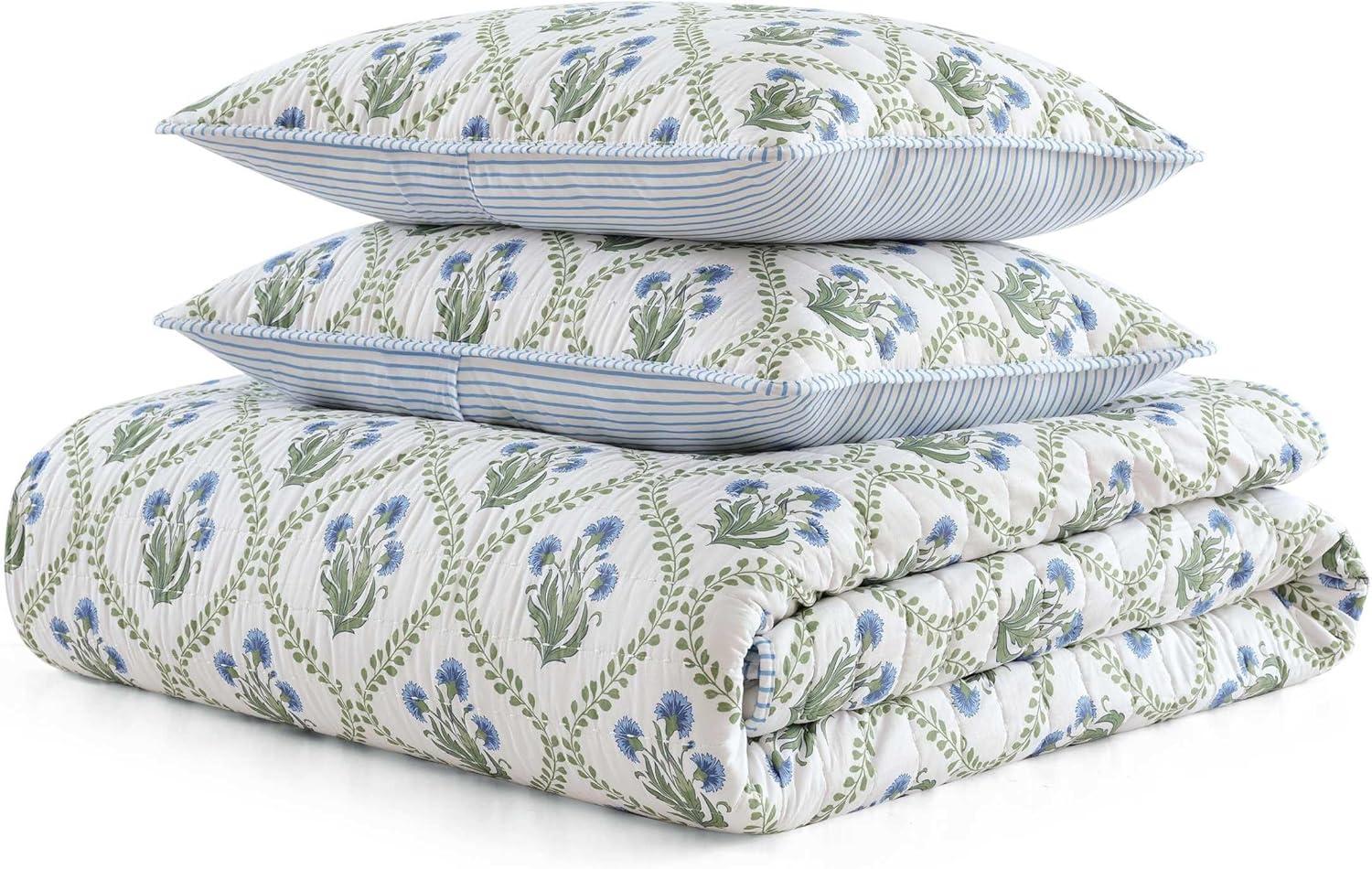 imageMartha Stewart Queen Quilt Set 100 Soft Cotton Floral Bedding for Year Round Comfort 3 Piece Bed Set with Matching Pillowcases French Bird Floral GreenChloe Green